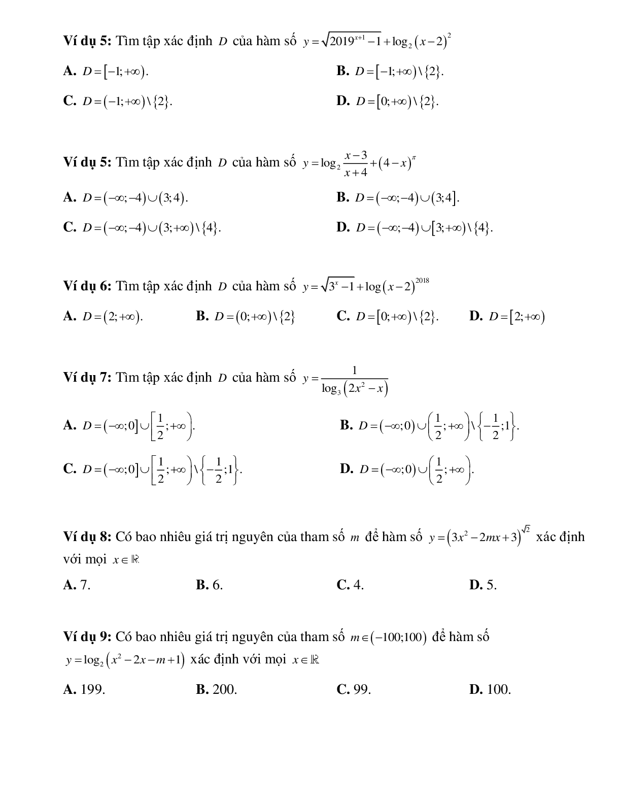 Phương pháp giải và bài tập về Tìm tập xác định của hàm số lũy thừa, hàm số mũ, hàm số logarit (trang 2)