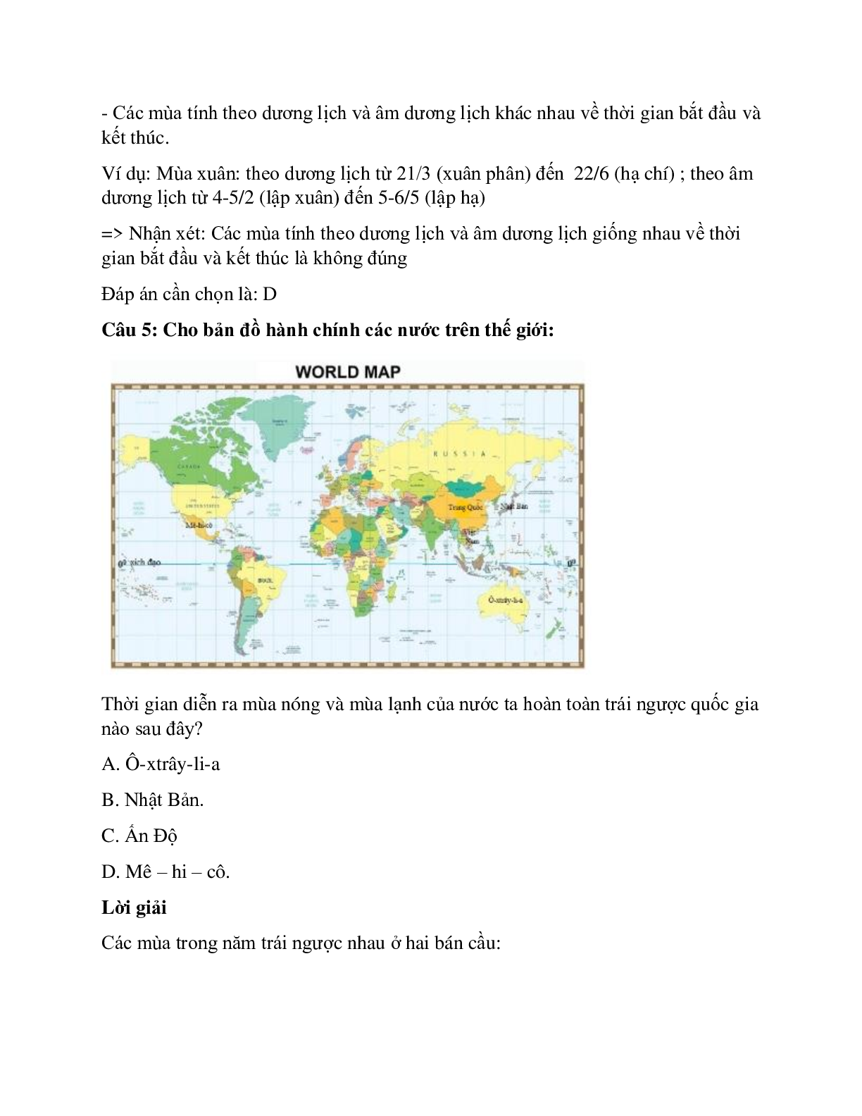 Trắc nghiệm Địa lí 6 Bài 8 có đáp án: Sự chuyển động của Trái Đất quanh Mặt Trời (trang 3)