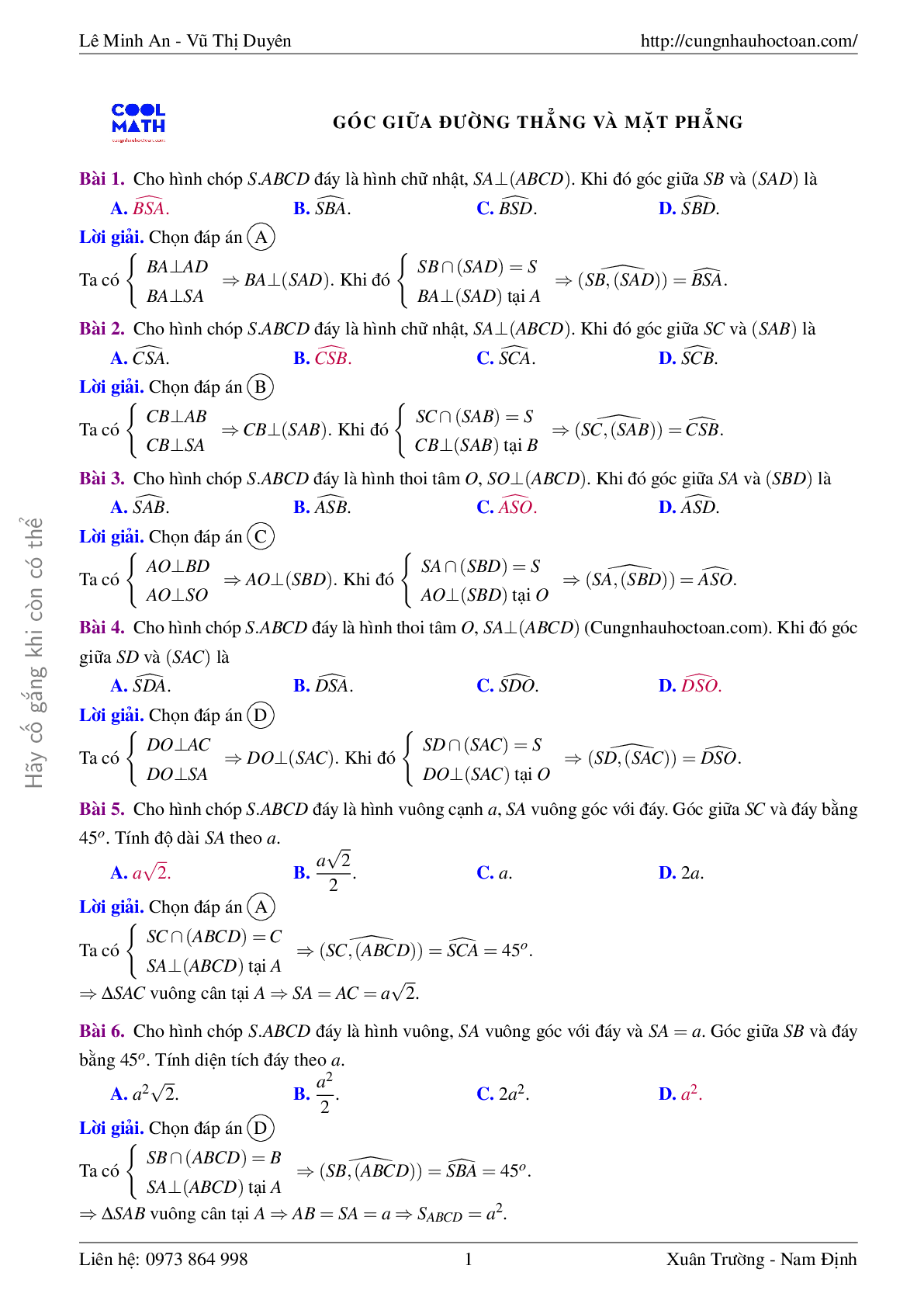 Bài tập trắc nghiệm góc giữa đường thẳng và mặt phẳng toán 11 có lời giải (trang 1)