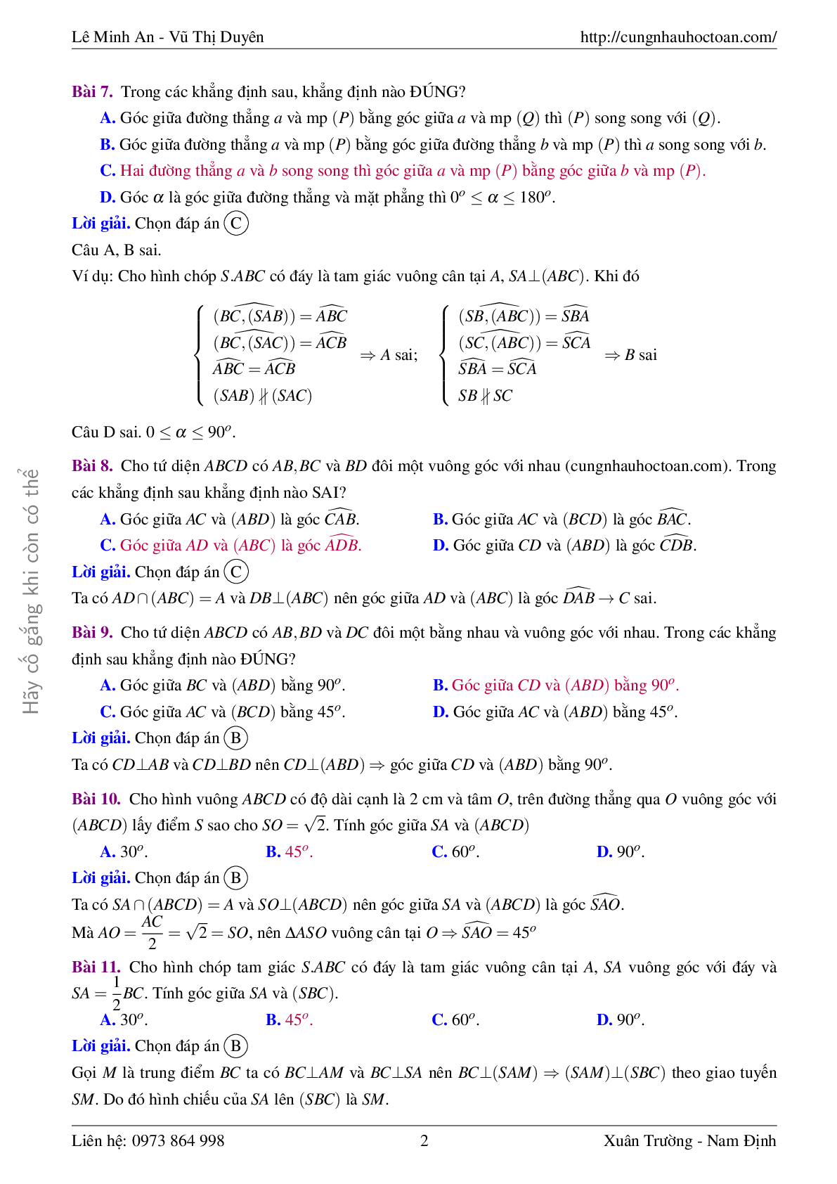 Bài tập trắc nghiệm góc giữa đường thẳng và mặt phẳng toán 11 có lời giải (trang 2)
