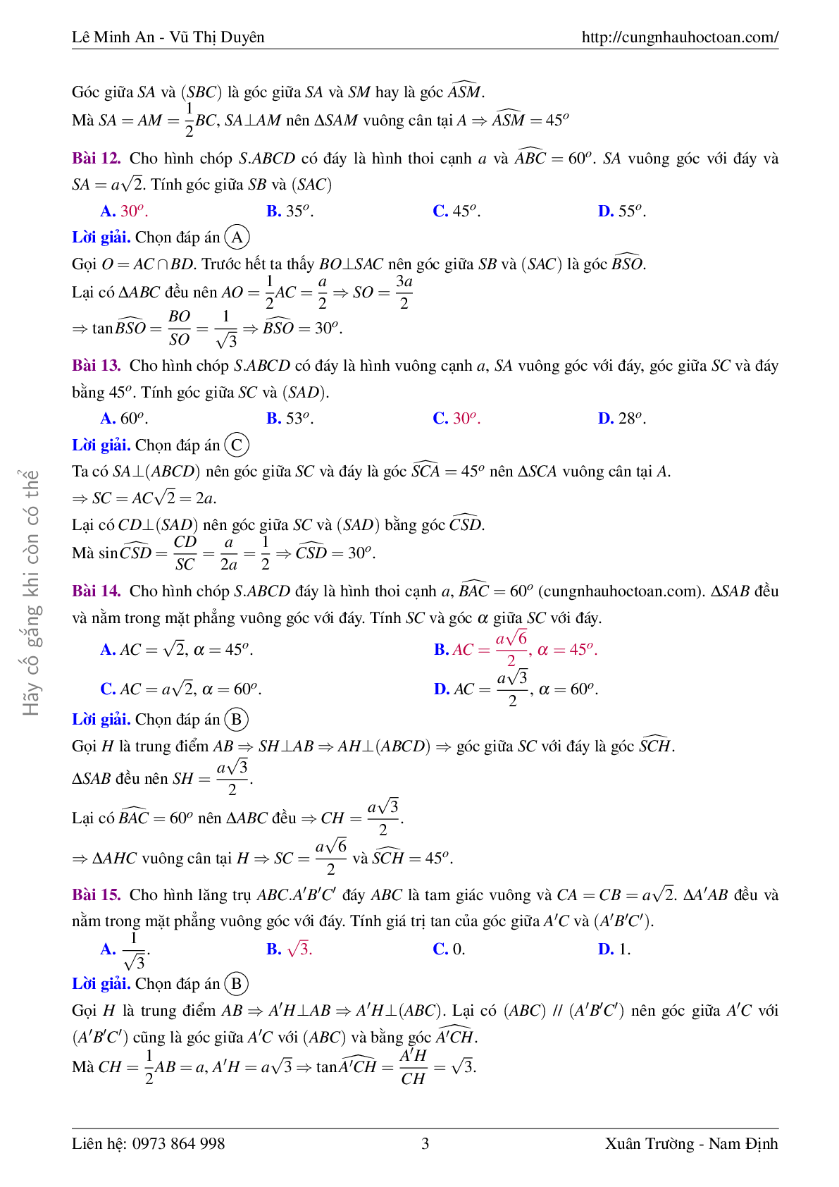 Bài tập trắc nghiệm góc giữa đường thẳng và mặt phẳng toán 11 có lời giải (trang 3)