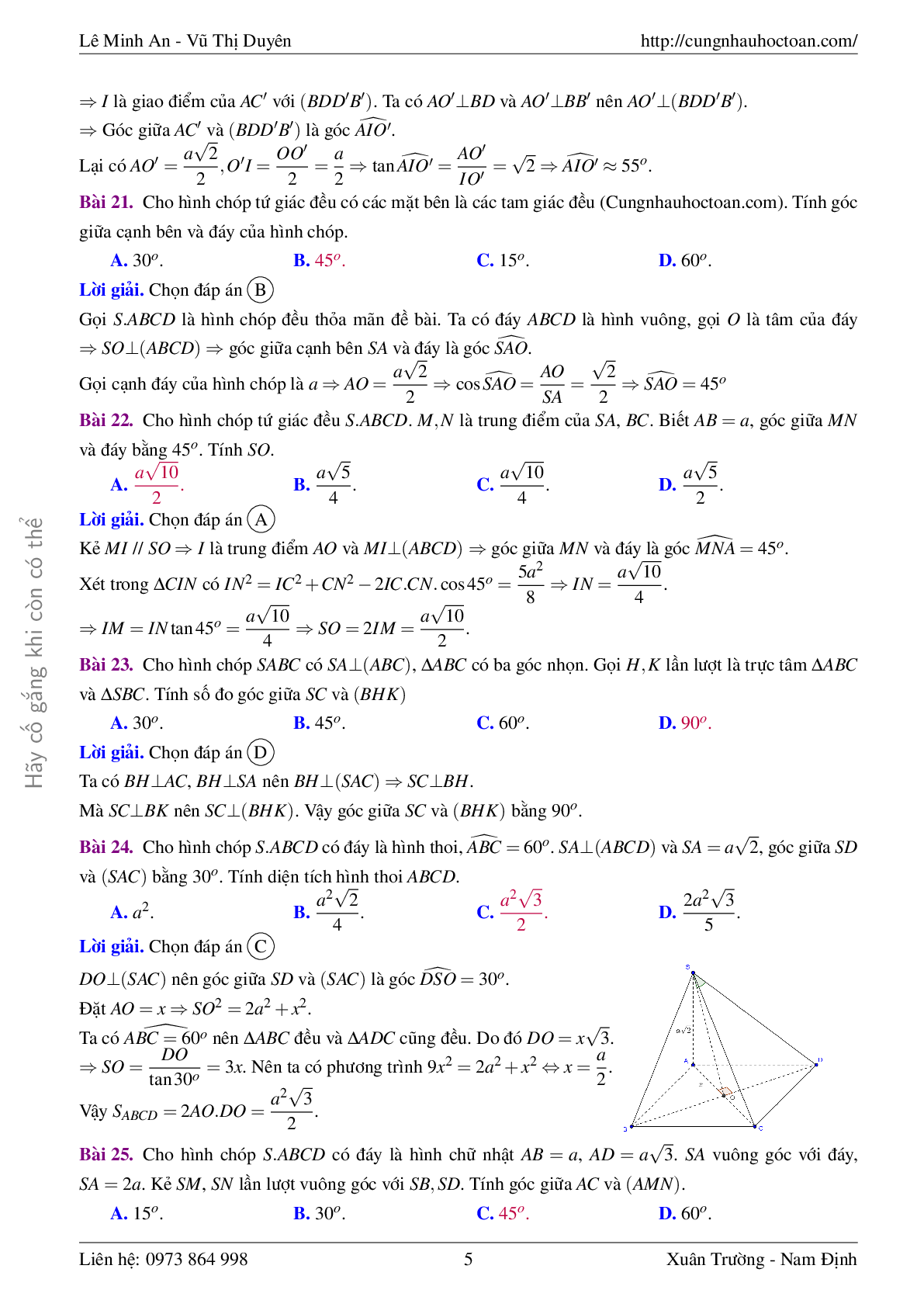 Bài tập trắc nghiệm góc giữa đường thẳng và mặt phẳng toán 11 có lời giải (trang 5)