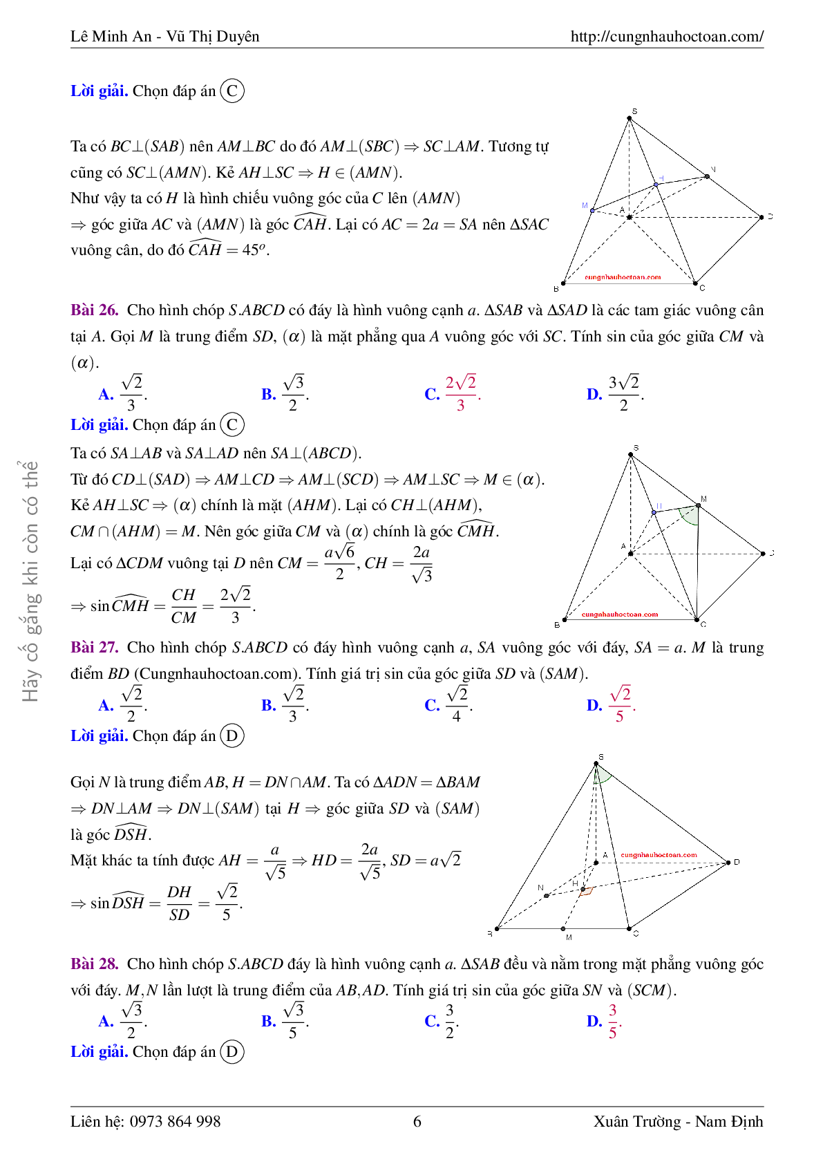 Bài tập trắc nghiệm góc giữa đường thẳng và mặt phẳng toán 11 có lời giải (trang 6)