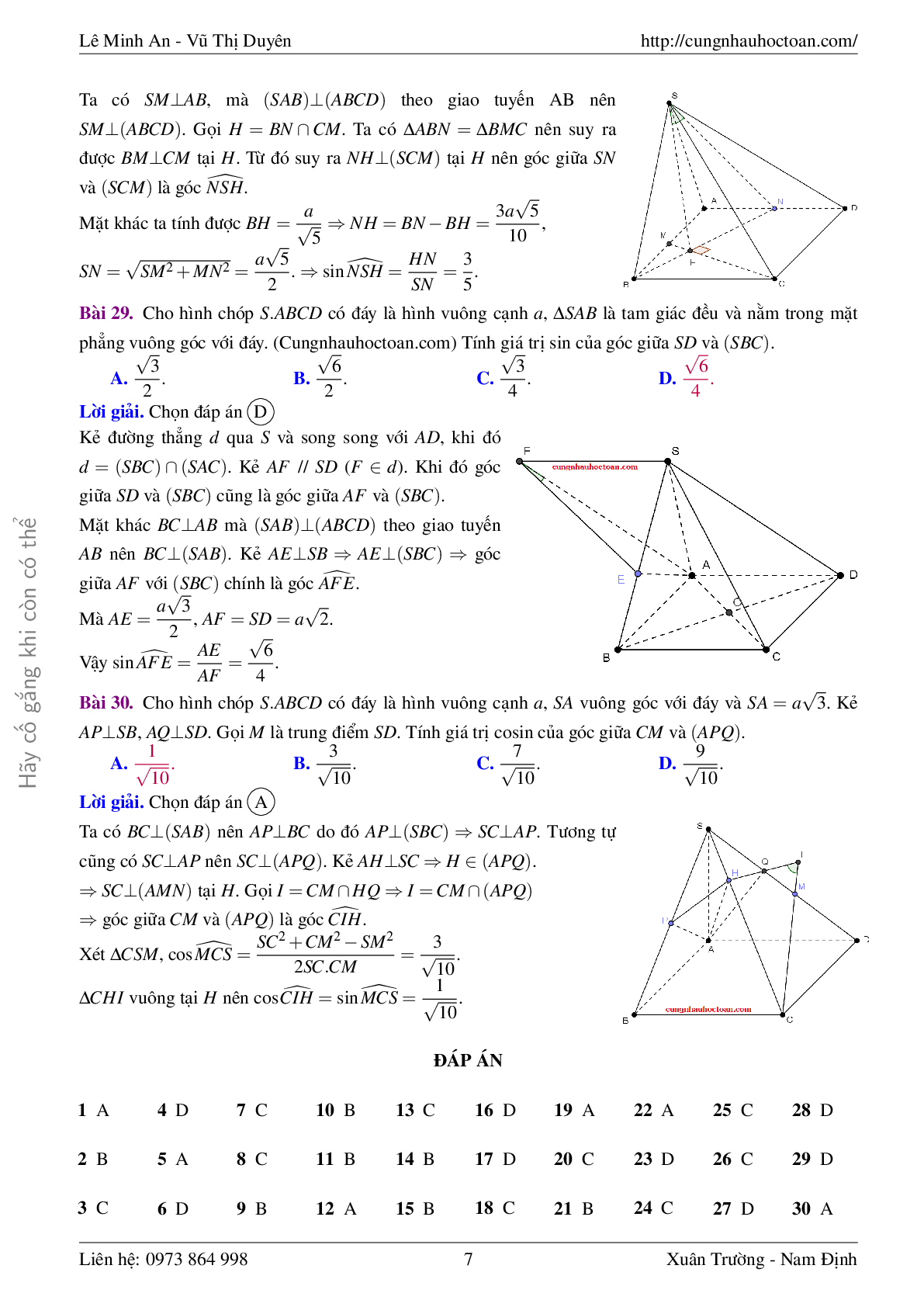 Bài tập trắc nghiệm góc giữa đường thẳng và mặt phẳng toán 11 có lời giải (trang 7)