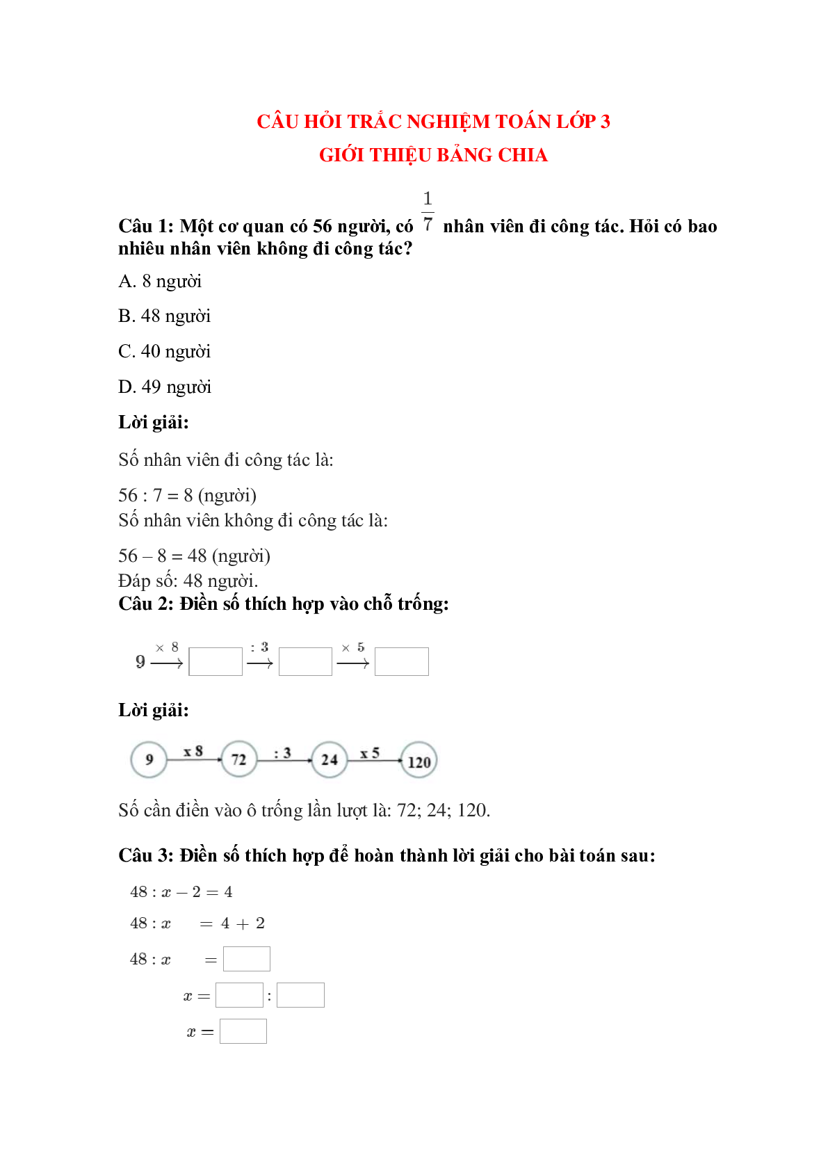 Trắc nghiệm Giới thiệu bảng chia có đáp án – Toán lớp 3 (trang 1)