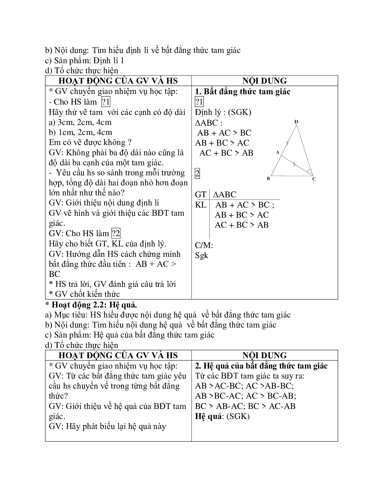 Giáo án Toán học 7 bài 3: Quan hệ giữa ba cạnh của một tam giác, bất đẳng thức tam giác chuẩn nhất (trang 2)