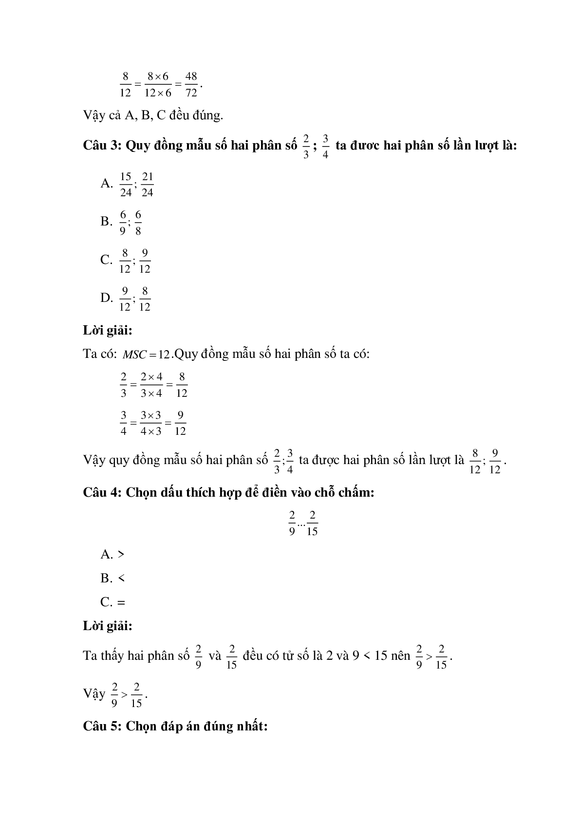 12 câu Trắc nghiệm Ôn tập về phân số có đáp án 2023 – Toán lớp 5 (trang 2)