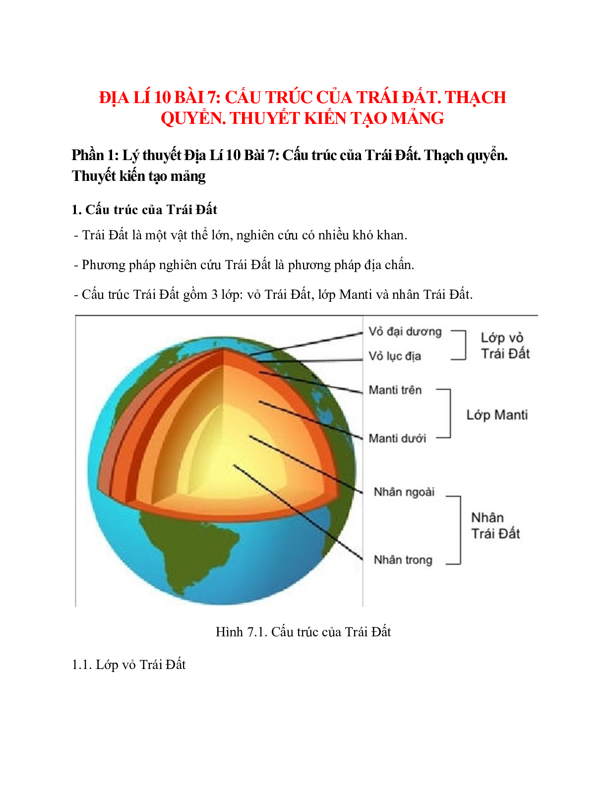 Địa Lí 10 Bài 7 (Lý thuyết và trắc nghiệm): Cấu trúc của Trái Đất. Thạch quyển. Thuyết kiến tạo mảng (trang 1)