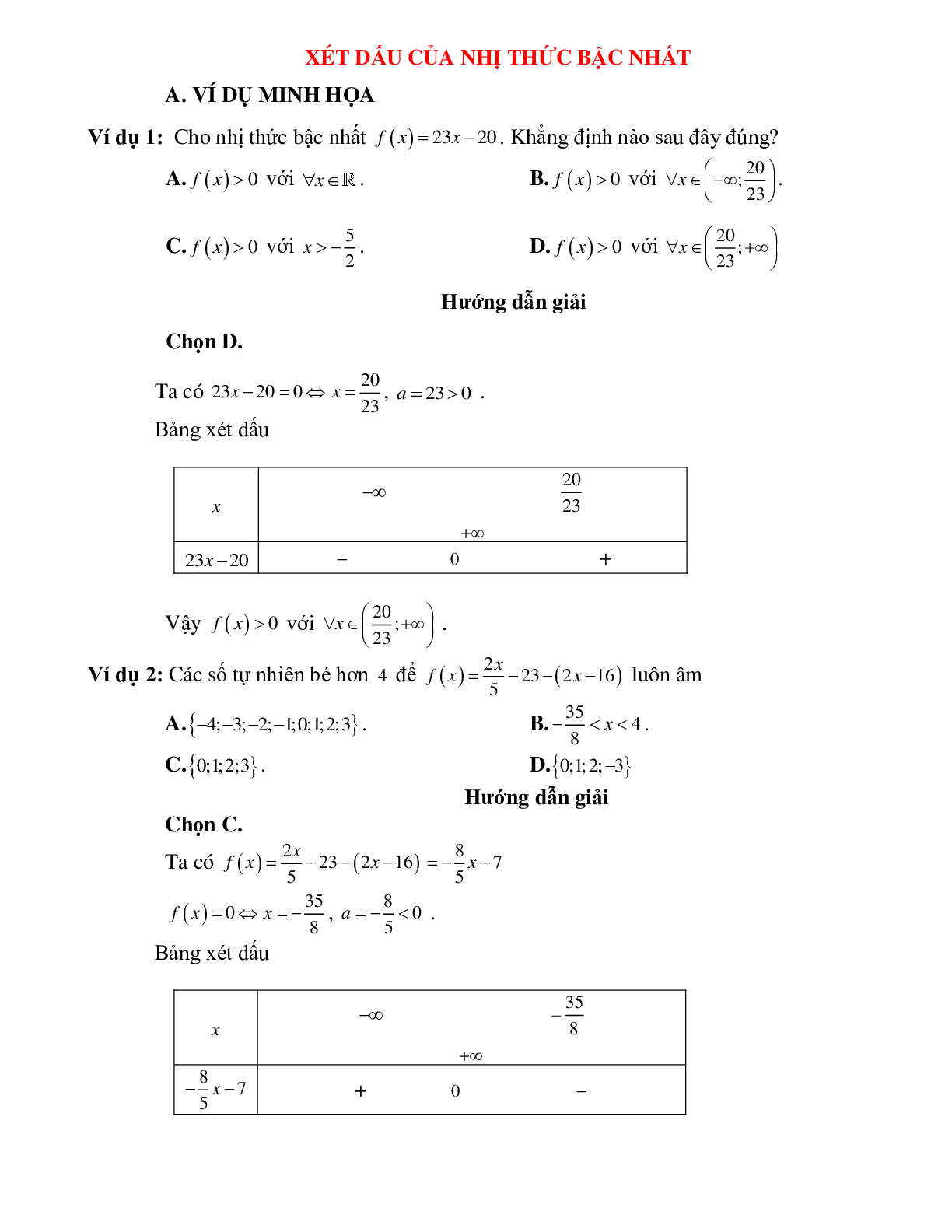 Bài tập xét dấu của nhị thức bậc nhất Toán 10 (trang 1)