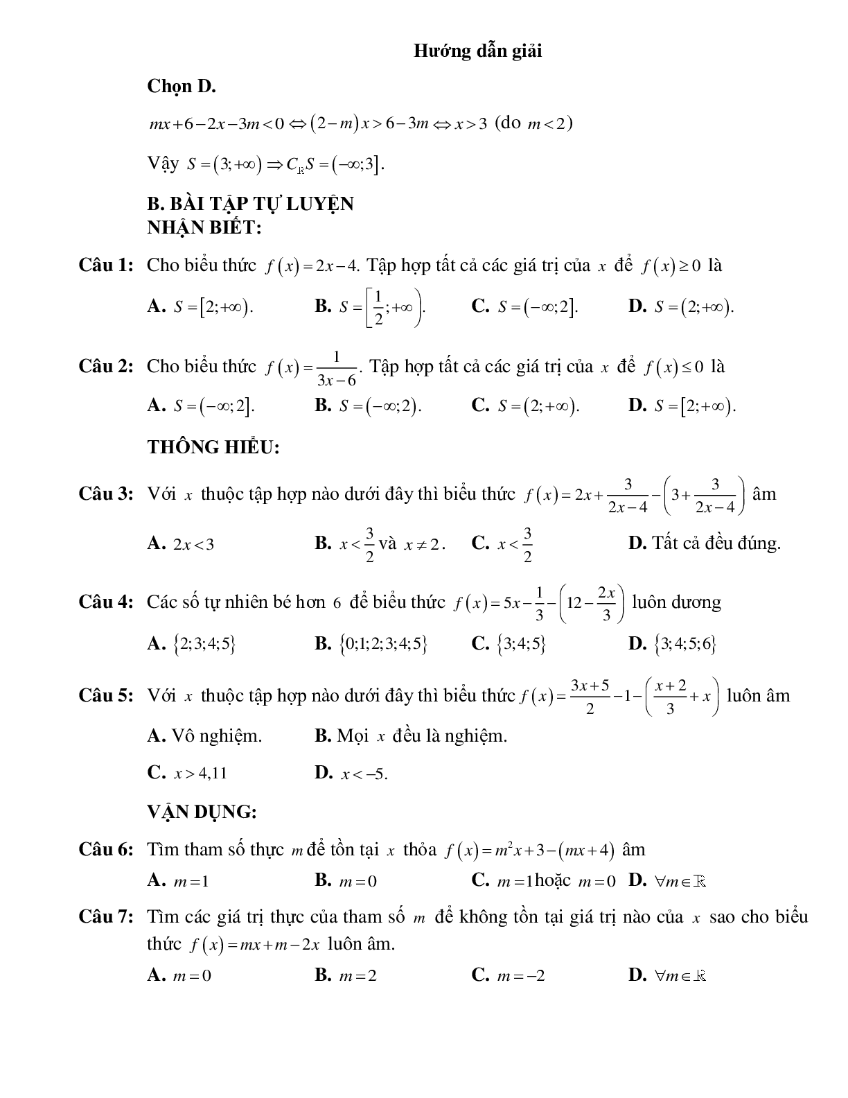 Bài tập xét dấu của nhị thức bậc nhất Toán 10 (trang 3)