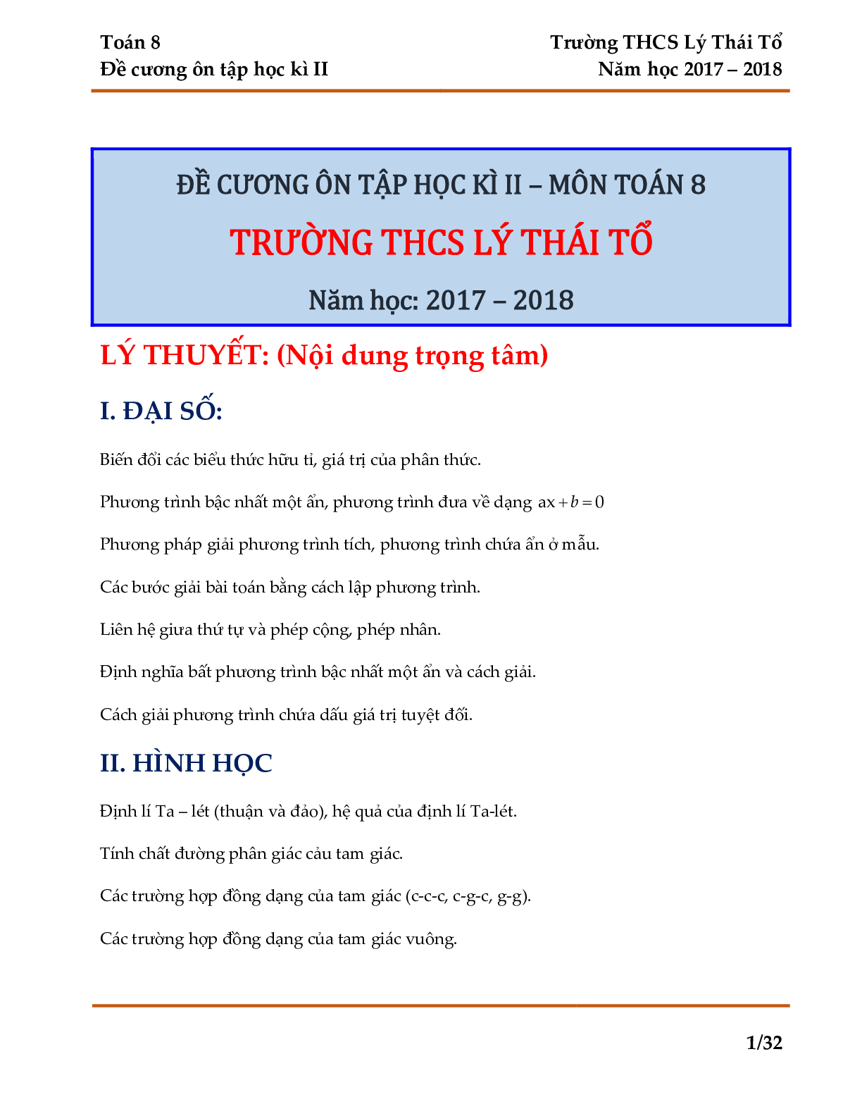 Đề cương ôn tập học kỳ II môn toán 8 năm học 2017-2018 THCS Lý Thái Tổ - Hà Nội (trang 1)