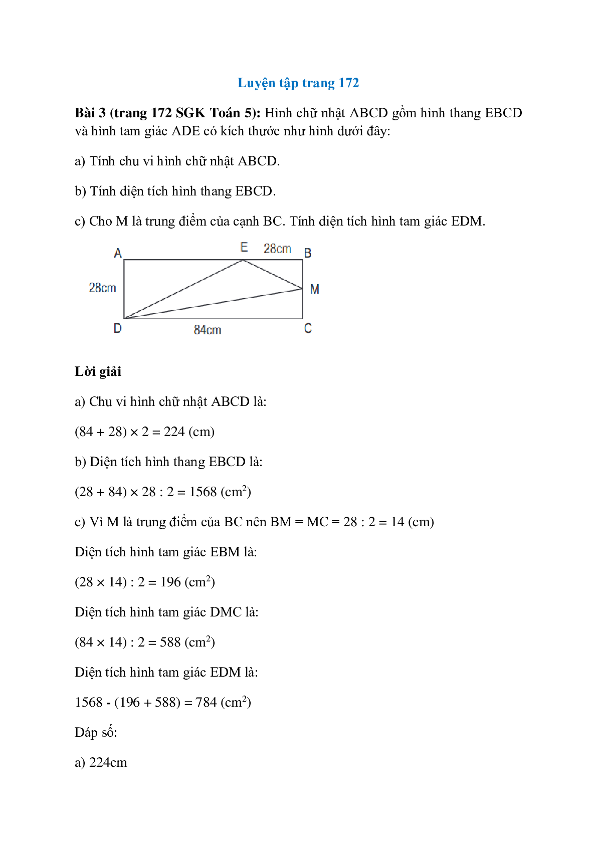 Hình chữ nhật ABCD gồm hình thang EBCD và hình tam giác ADE (trang 1)