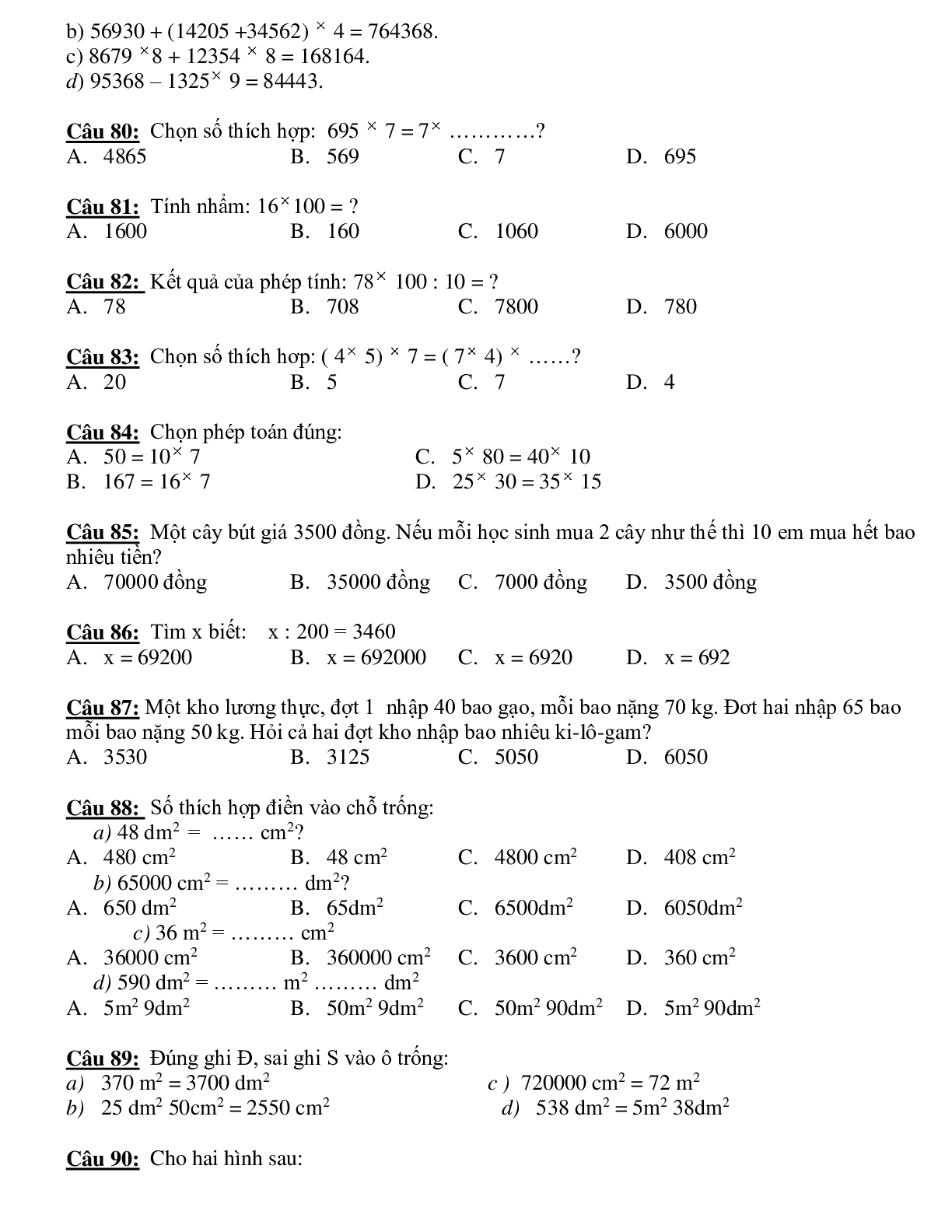 Ôn tập trắc nghiệm môn Toán lớp 4 có đáp án (trang 8)