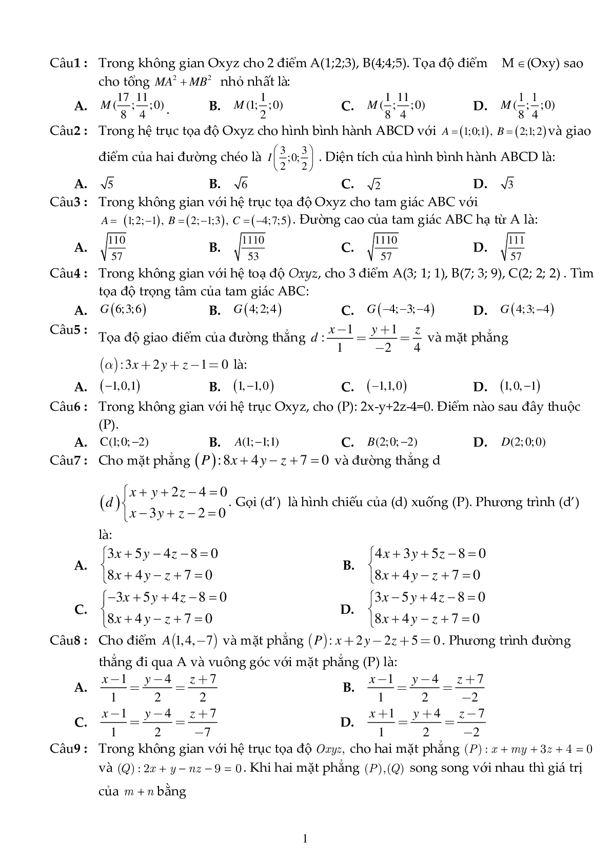 81 câu trắc nghiệm phương pháp tọa độ trong không gian - có đáp án (trang 1)