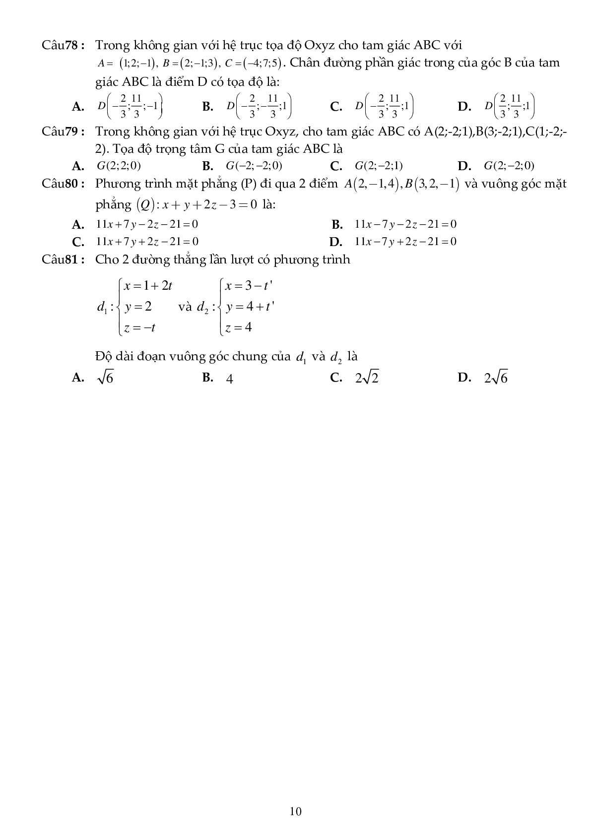 81 câu trắc nghiệm phương pháp tọa độ trong không gian - có đáp án (trang 10)