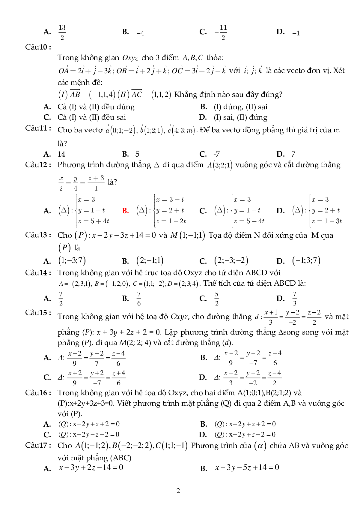 81 câu trắc nghiệm phương pháp tọa độ trong không gian - có đáp án (trang 2)