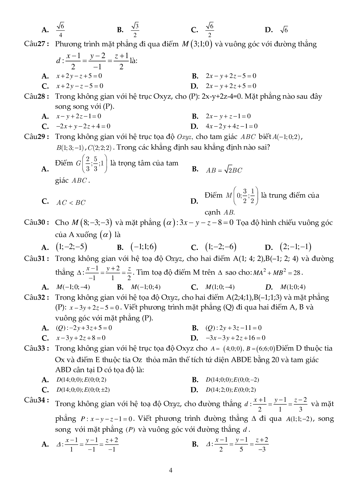 81 câu trắc nghiệm phương pháp tọa độ trong không gian - có đáp án (trang 4)