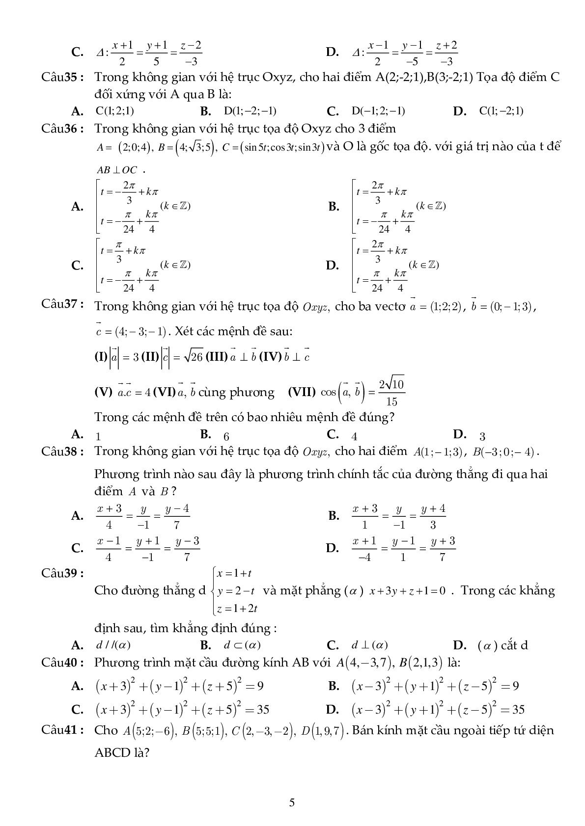 81 câu trắc nghiệm phương pháp tọa độ trong không gian - có đáp án (trang 5)