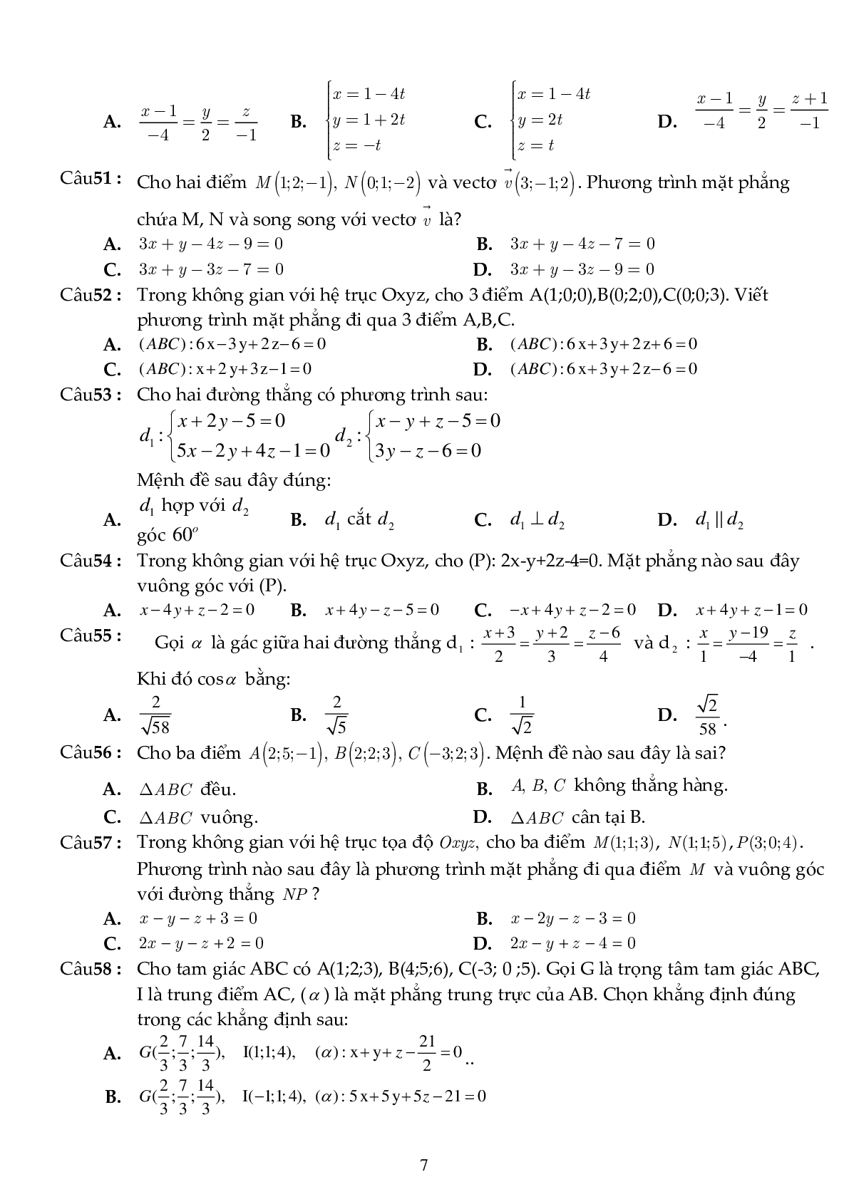 81 câu trắc nghiệm phương pháp tọa độ trong không gian - có đáp án (trang 7)