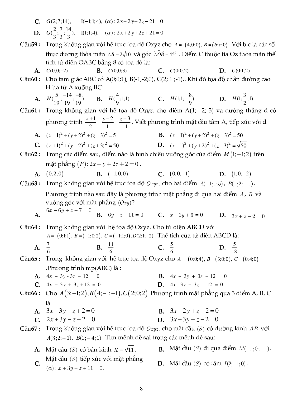 81 câu trắc nghiệm phương pháp tọa độ trong không gian - có đáp án (trang 8)