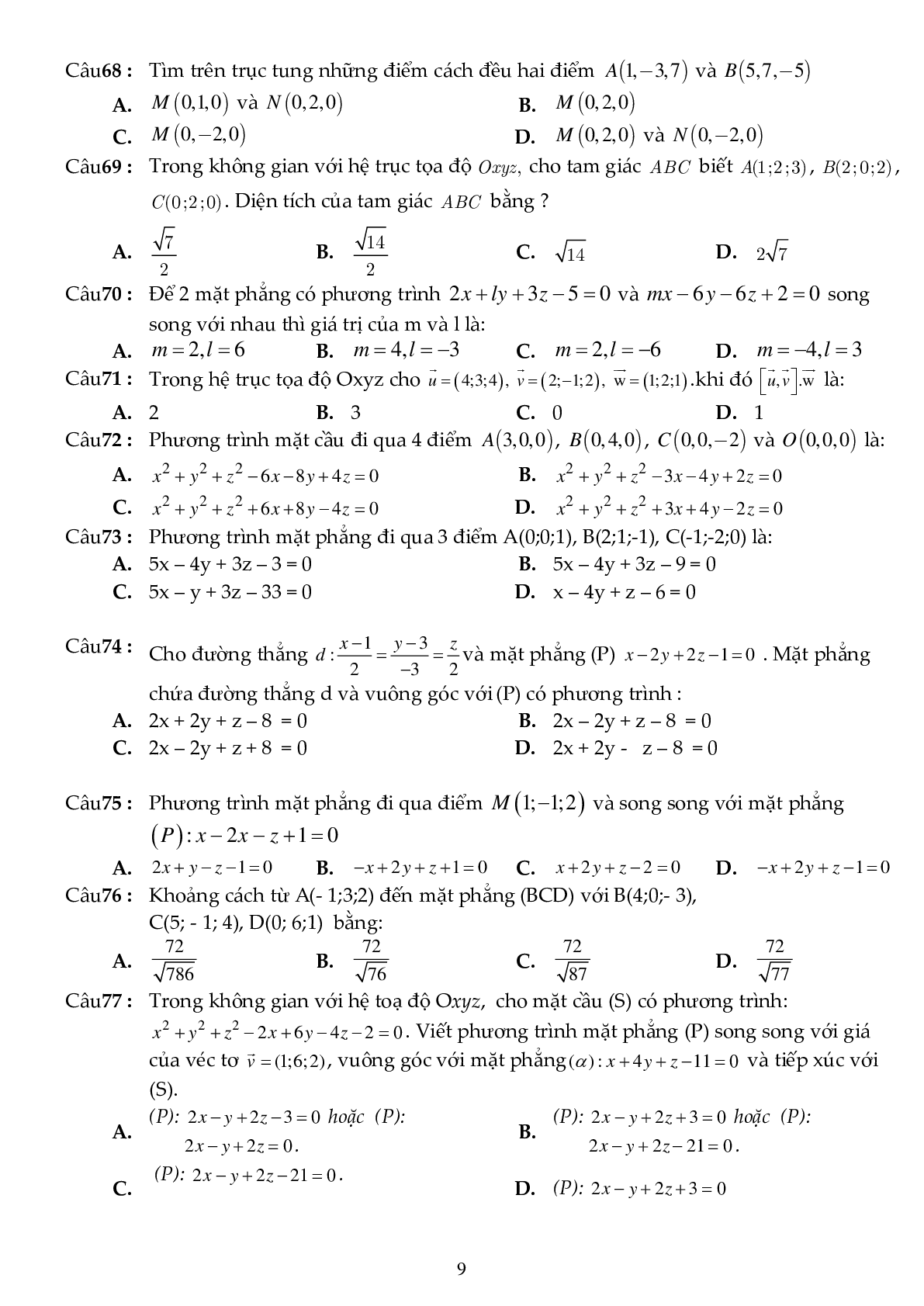 81 câu trắc nghiệm phương pháp tọa độ trong không gian - có đáp án (trang 9)