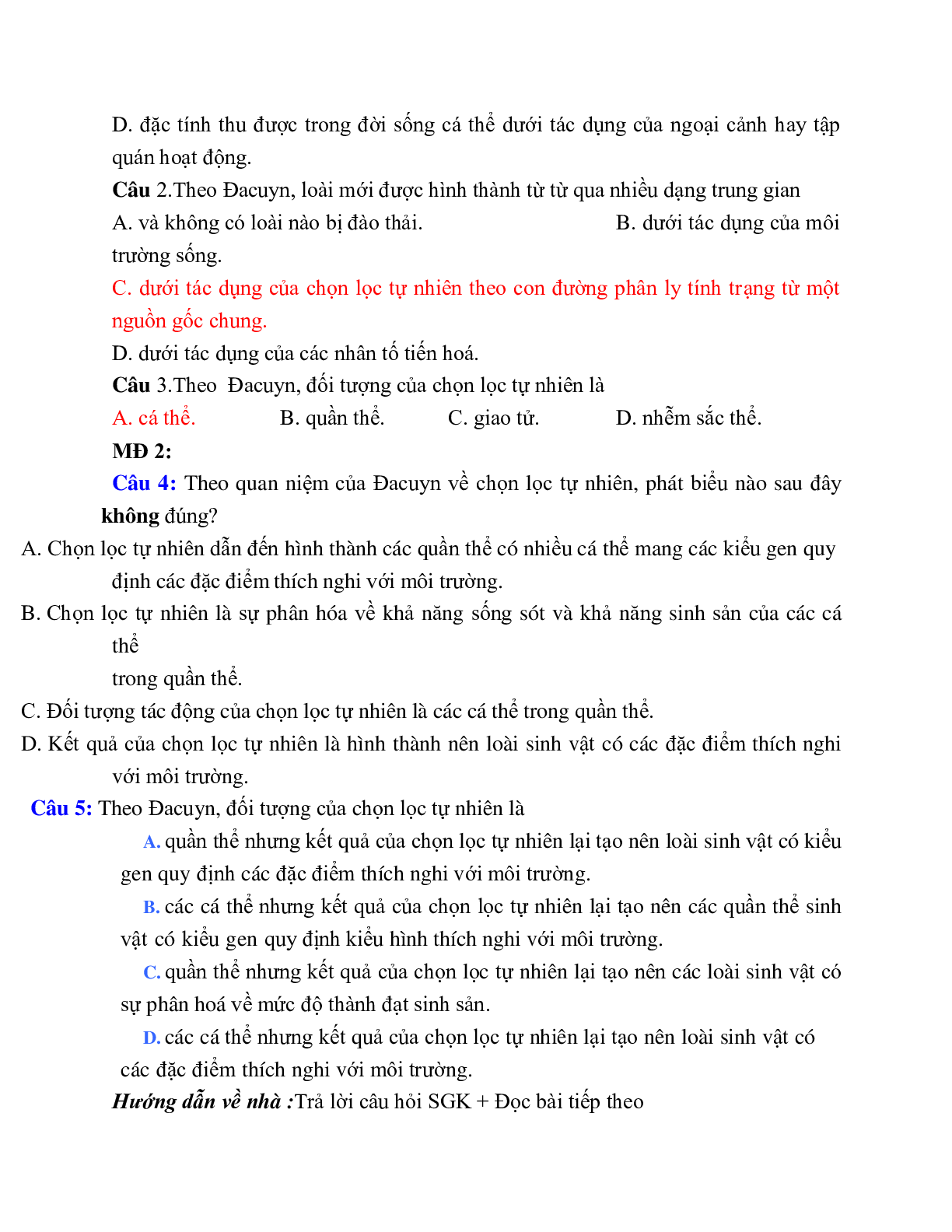 Giáo án Sinh học 12 Bài 25: Học thuyết Lamac và học thuyết Đacuyn mới nhất (trang 7)