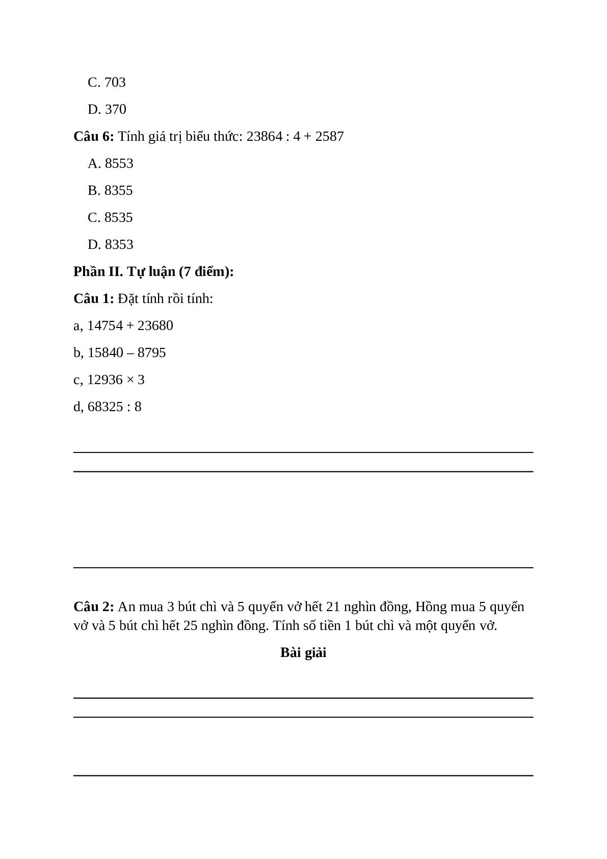 Bài tập cuối tuần môn Toán lớp 3 tuần 35 có đáp án - đề số 1 (trang 2)