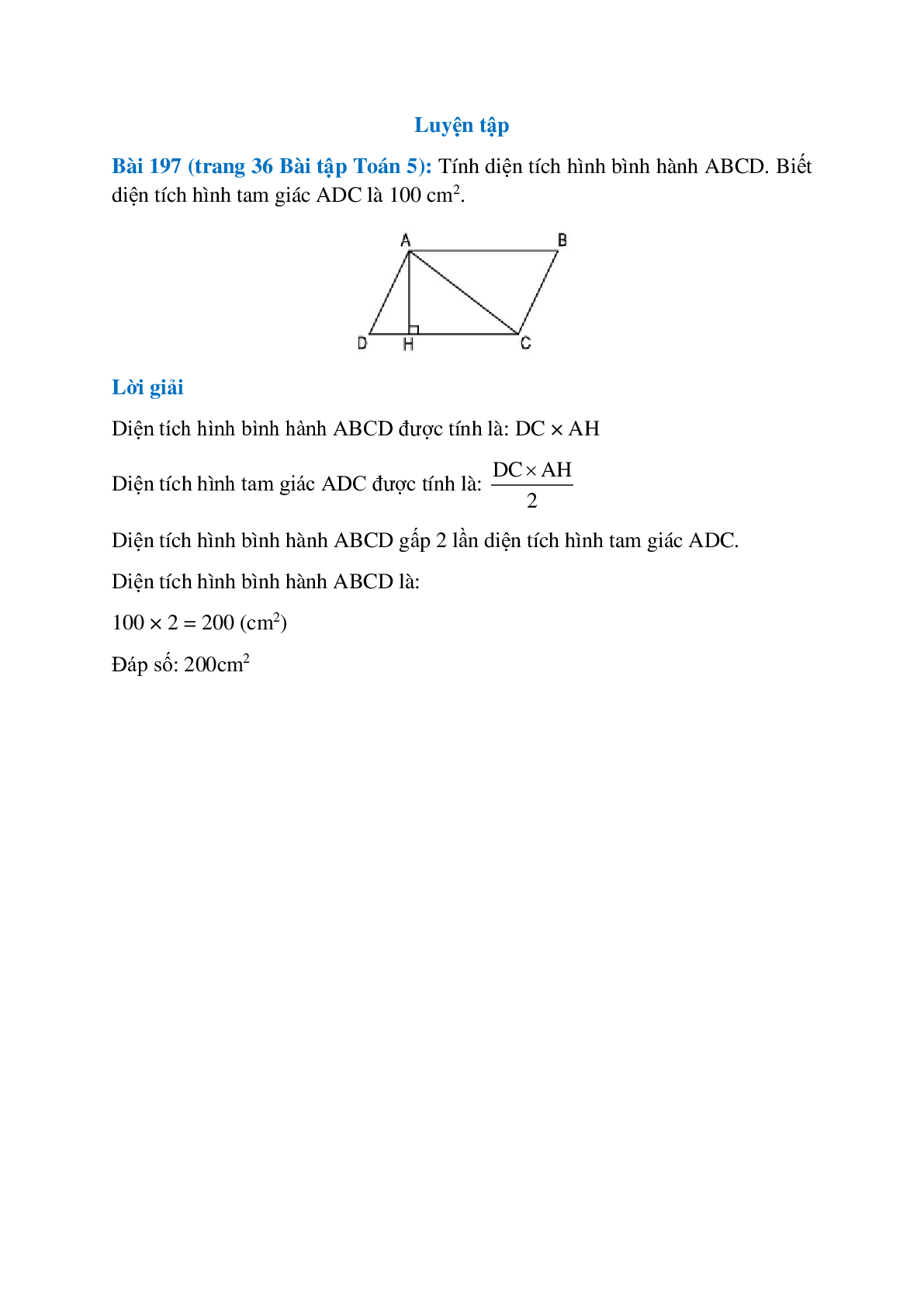 Tính diện tích hình bình hành ABCD (trang 1)