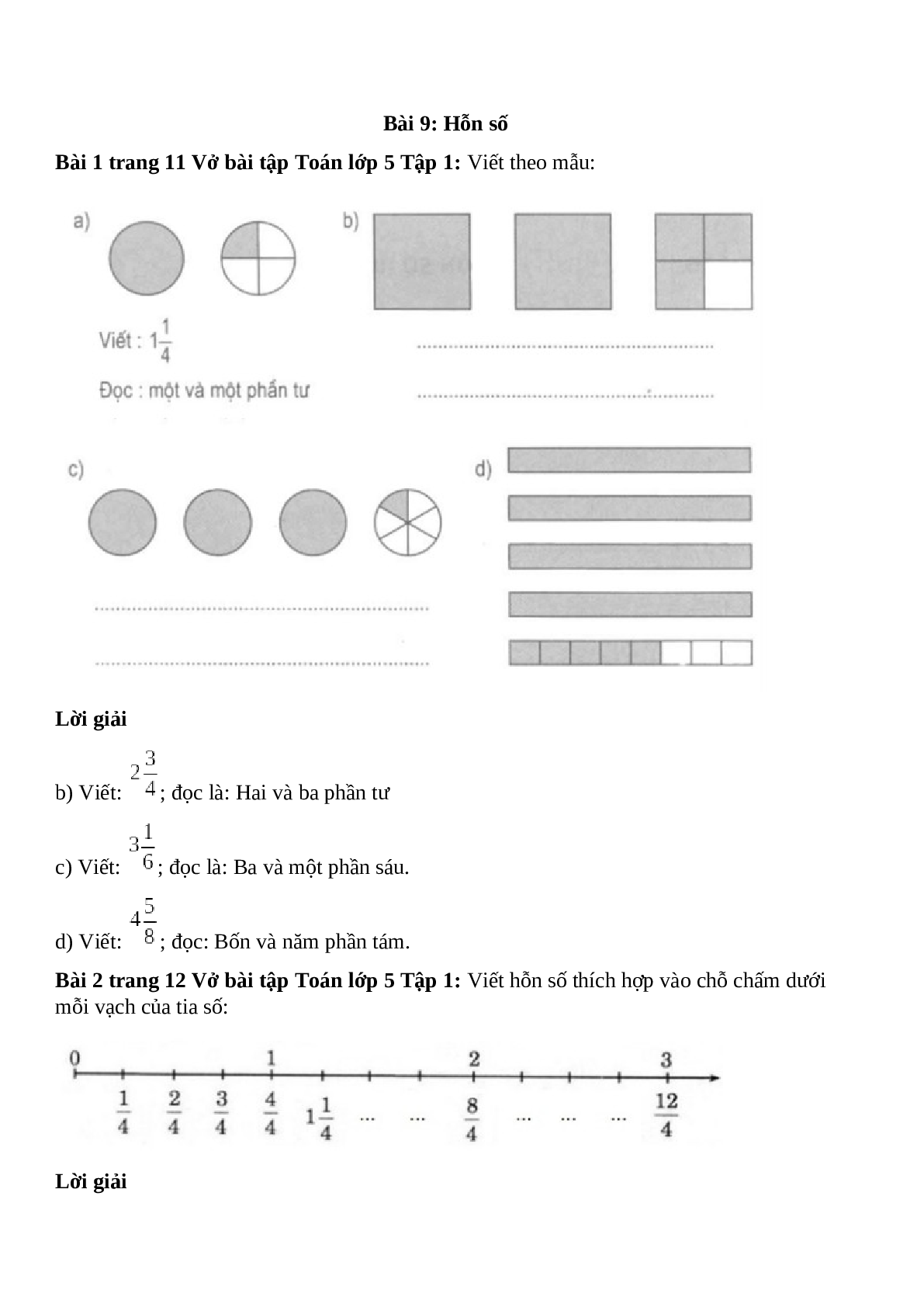 Vở bài tập Toán lớp 5 trang 11, 12 Bài 9: Hỗn số (trang 1)