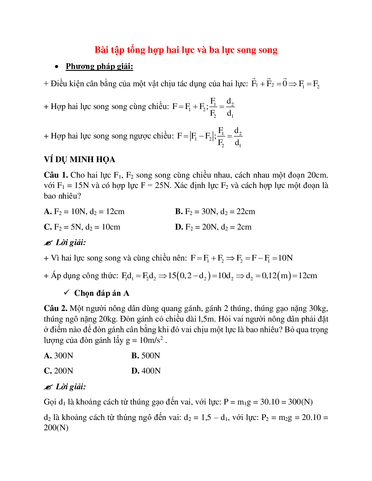 Bài tập về tổng hợp hai lực và ba lực song song có lời giải chi tiết (trang 1)