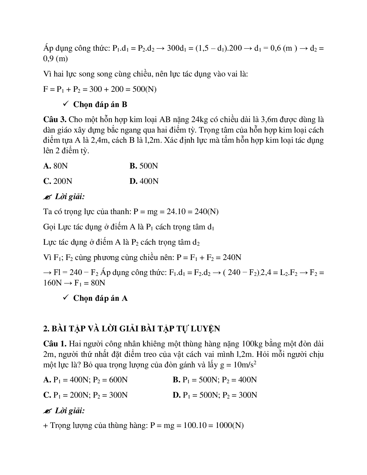 Bài tập về tổng hợp hai lực và ba lực song song có lời giải chi tiết (trang 2)
