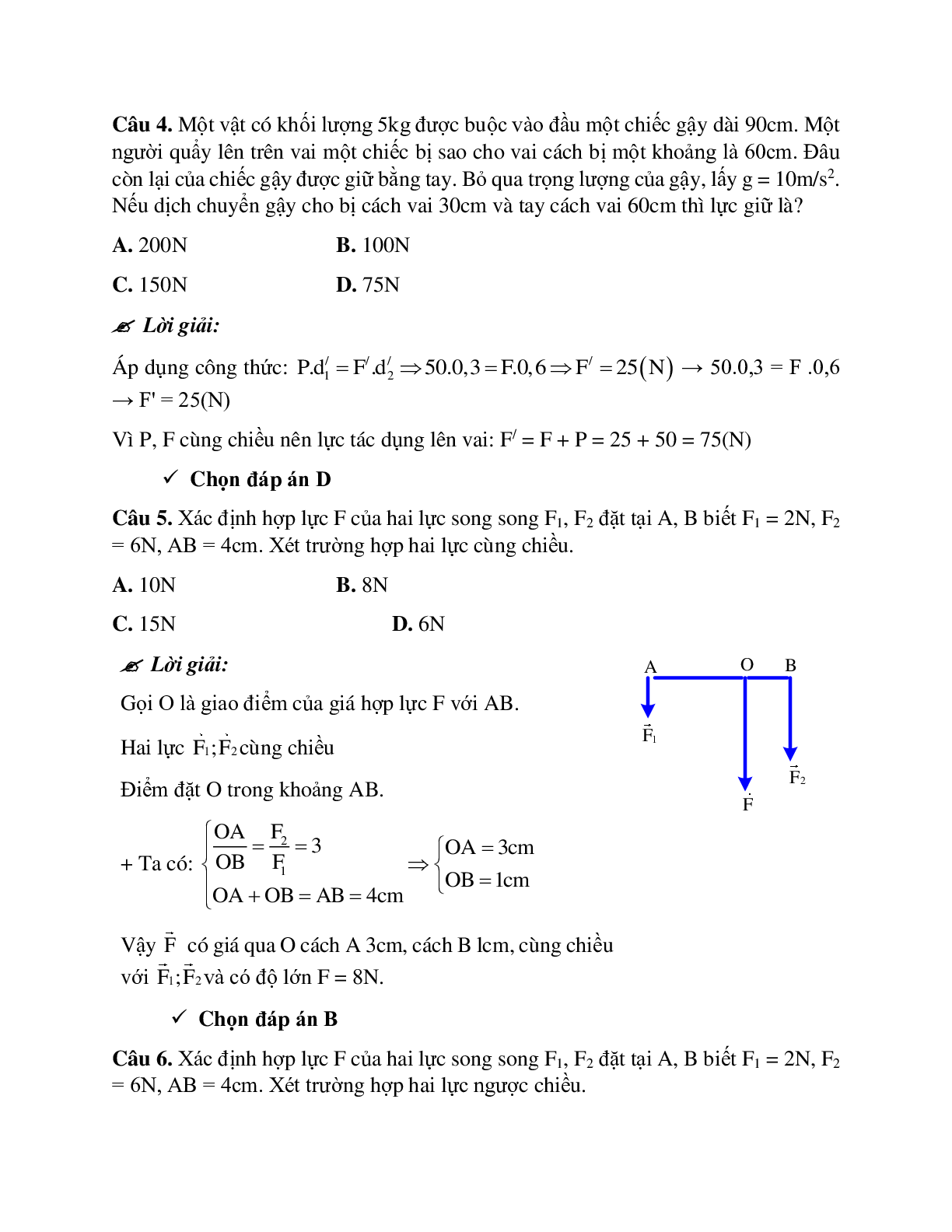 Bài tập về tổng hợp hai lực và ba lực song song có lời giải chi tiết (trang 4)