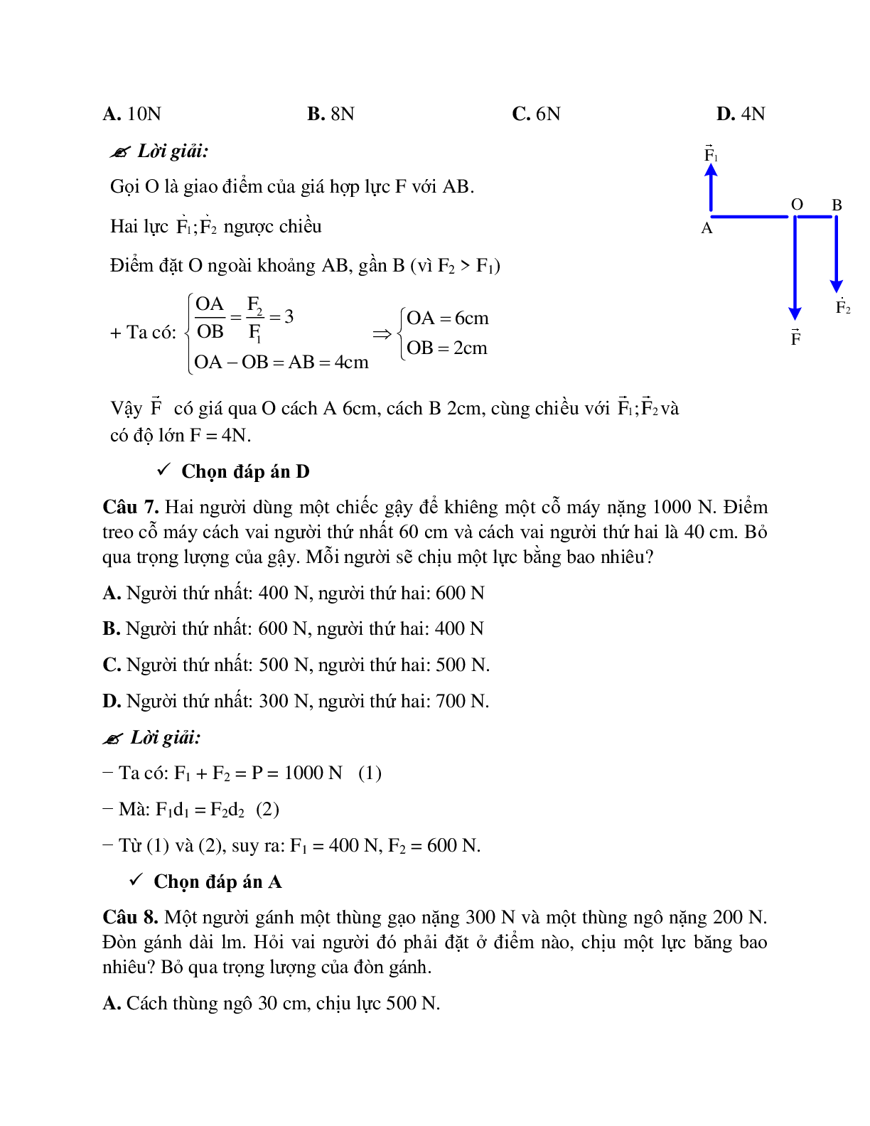 Bài tập về tổng hợp hai lực và ba lực song song có lời giải chi tiết (trang 5)