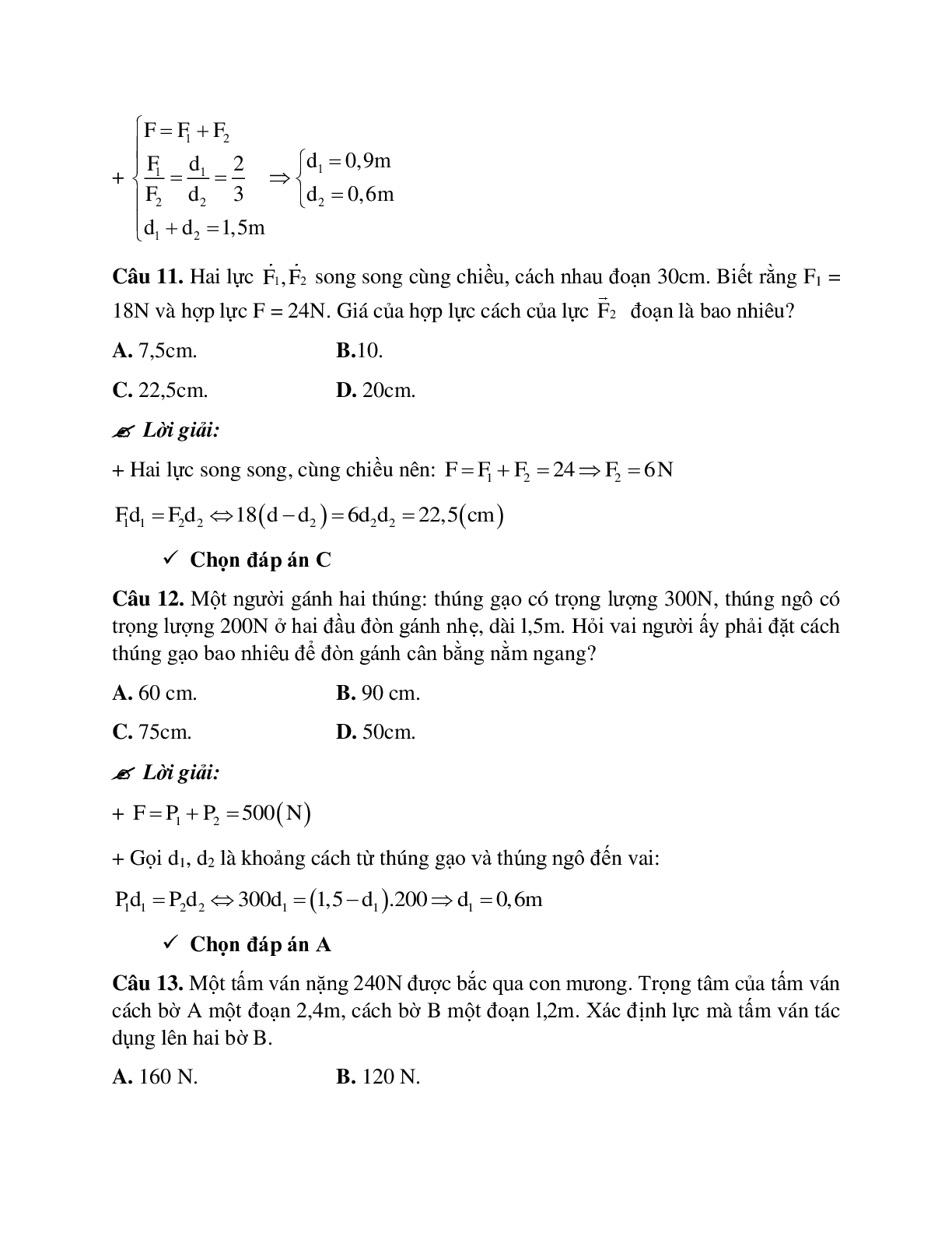 Bài tập về tổng hợp hai lực và ba lực song song có lời giải chi tiết (trang 7)