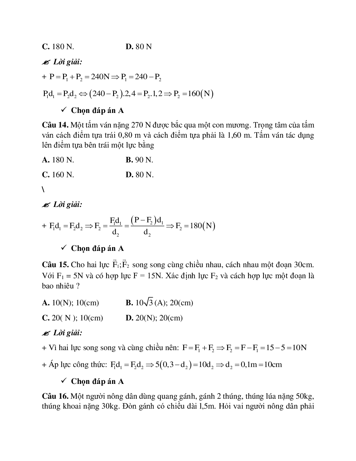 Bài tập về tổng hợp hai lực và ba lực song song có lời giải chi tiết (trang 8)