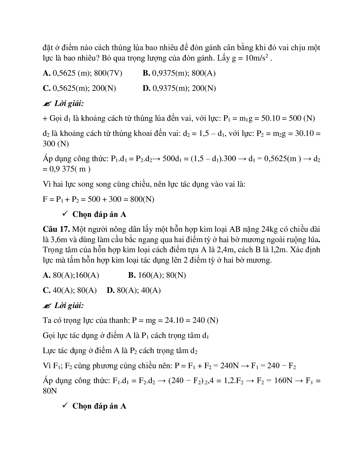 Bài tập về tổng hợp hai lực và ba lực song song có lời giải chi tiết (trang 9)
