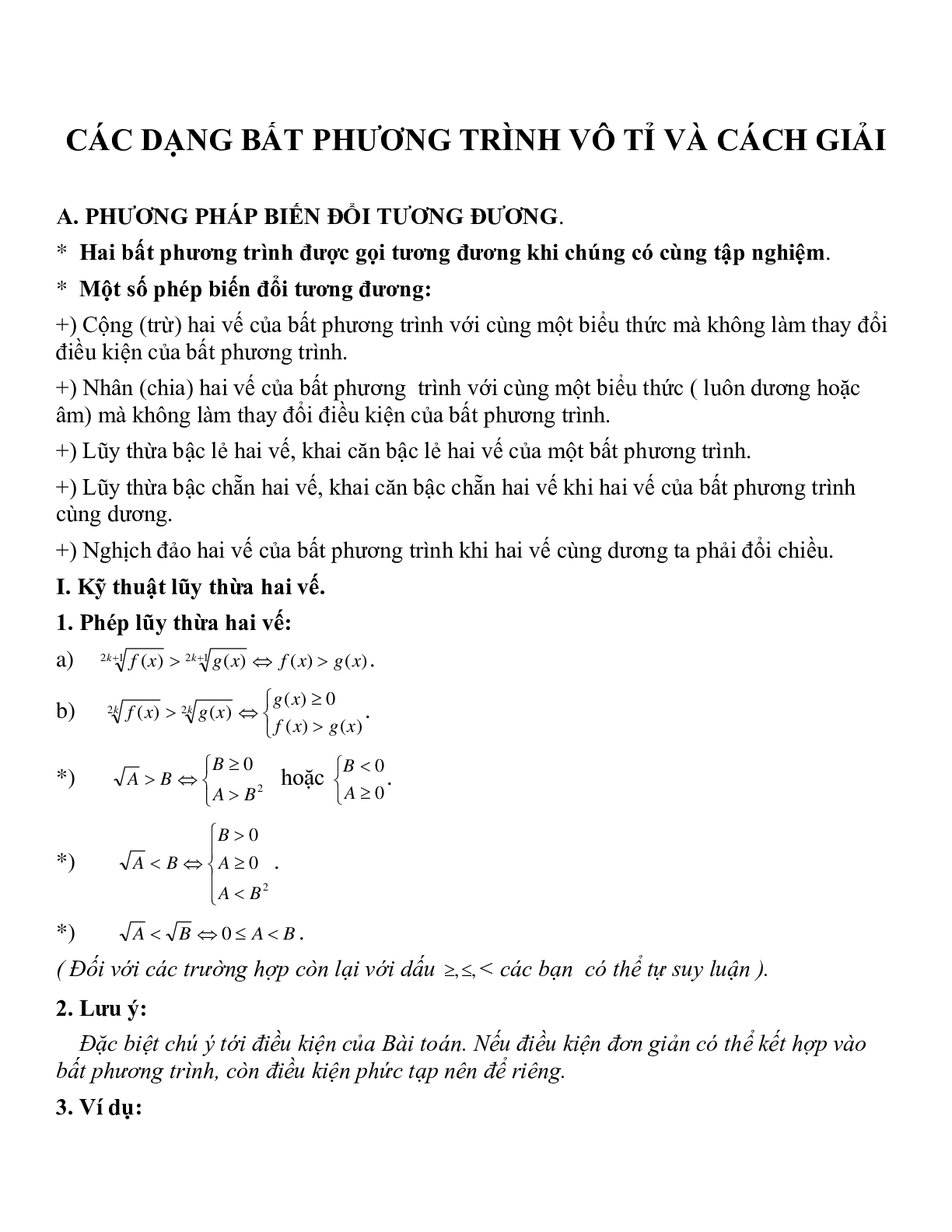 Các dạng Bất phương trình vô tỉ và cách giải (trang 1)