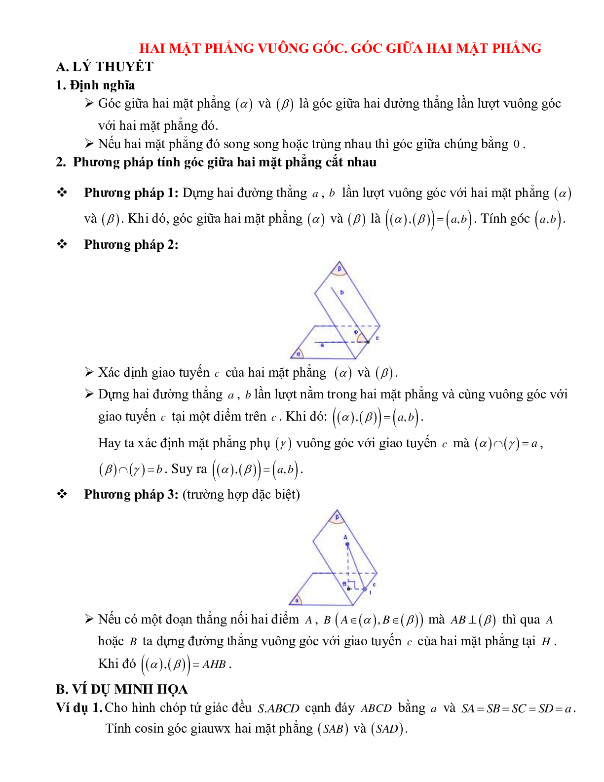 Bài tập Toán hình 11 Bài 4 có đáp án: Hai mặt phẳng vuông góc (trang 1)