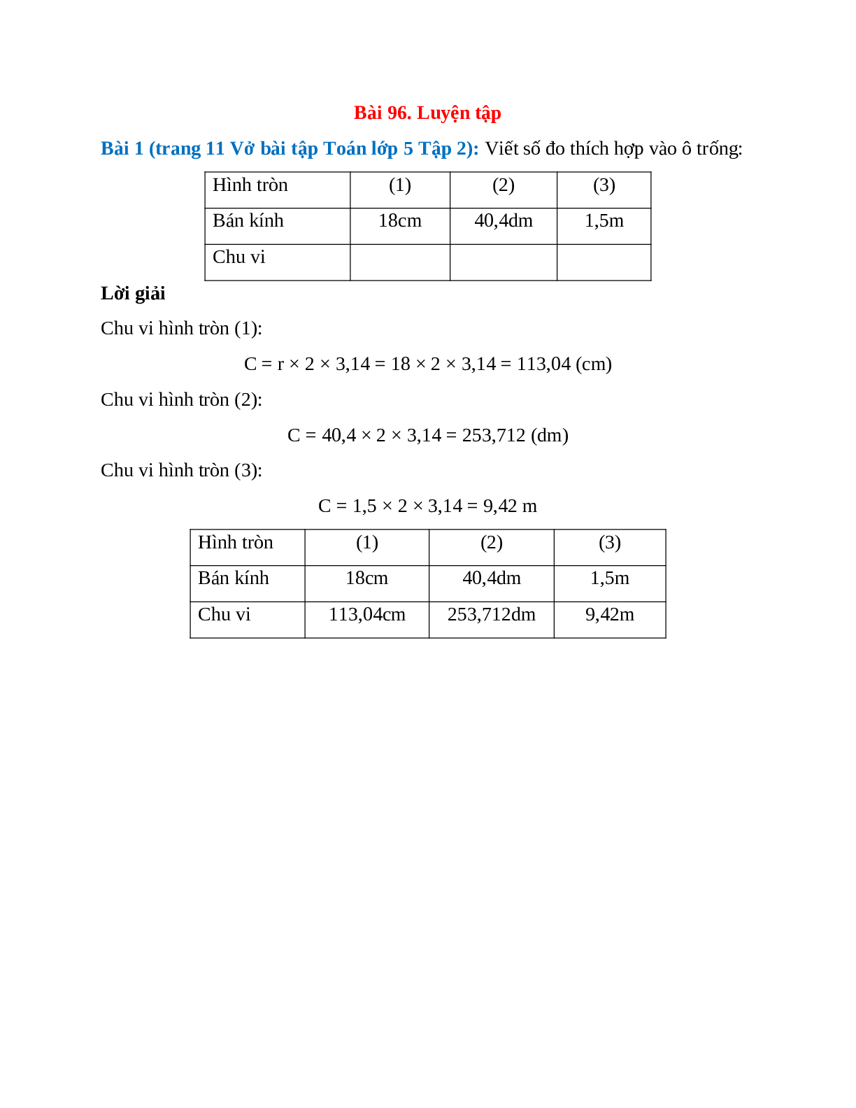 Viết số đo thích hợp vào ô trống Bài 1 trang 11 Vở bài tập Toán lớp 5 (trang 1)