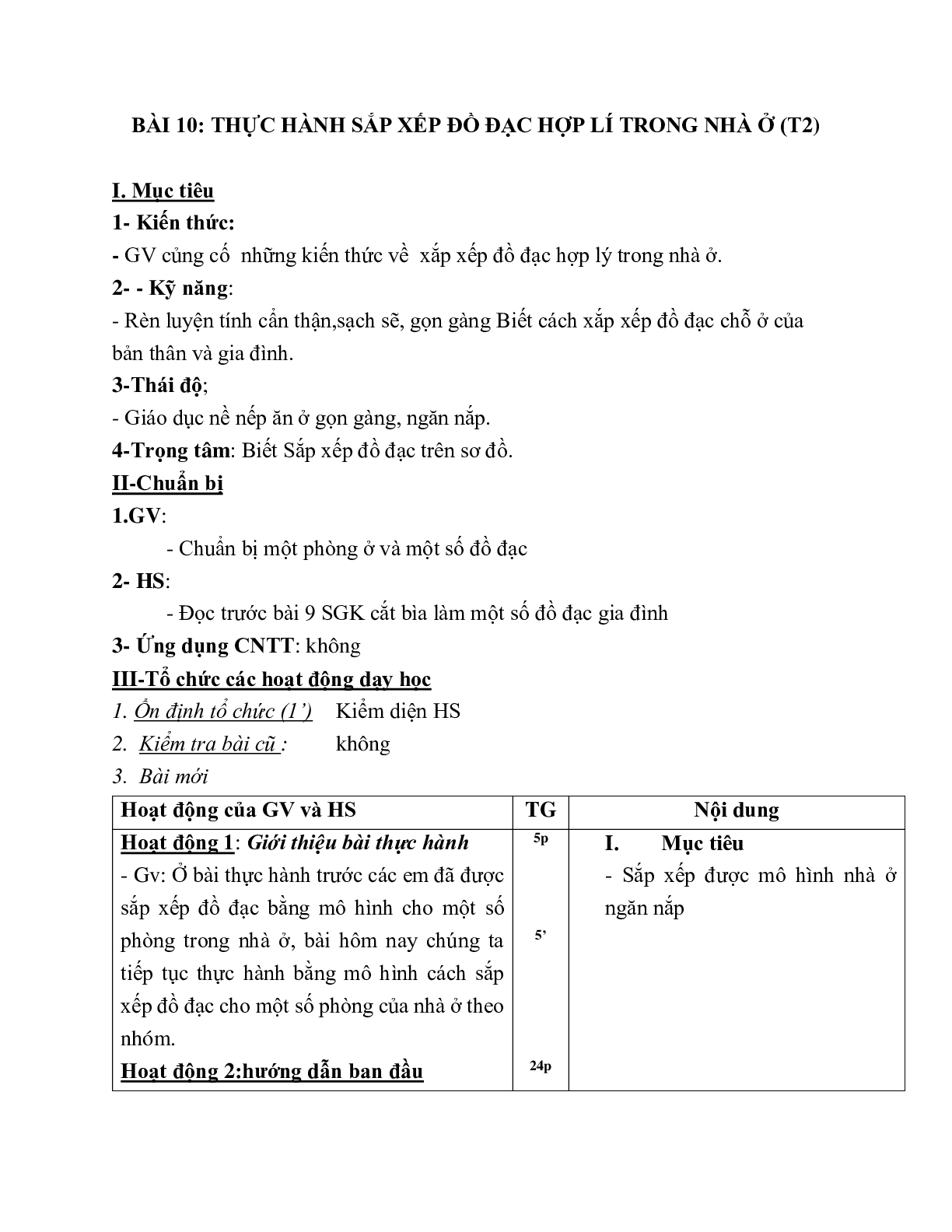 GIÁO ÁN CÔNG NGHỆ 6 BÀI 10: THỰC HÀNH SẮP XẾP ĐỒ ĐẠC HỢP LÍ TRONG NHÀ Ở (T2) MỚI NHẤT – CV5555 (trang 1)