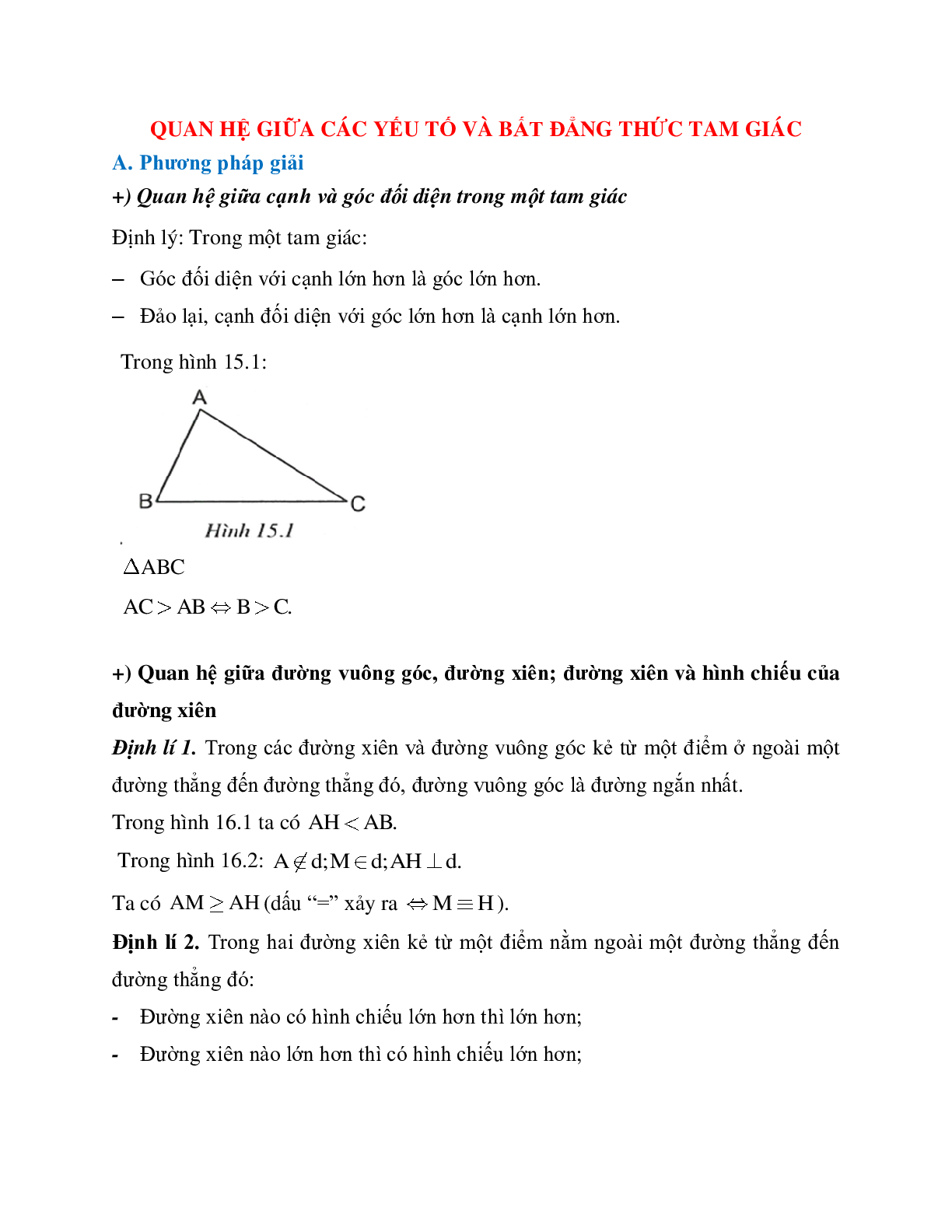 Cách giải Quan hệ giữa các yếu tố và bất đẳng thức tam giác (trang 1)