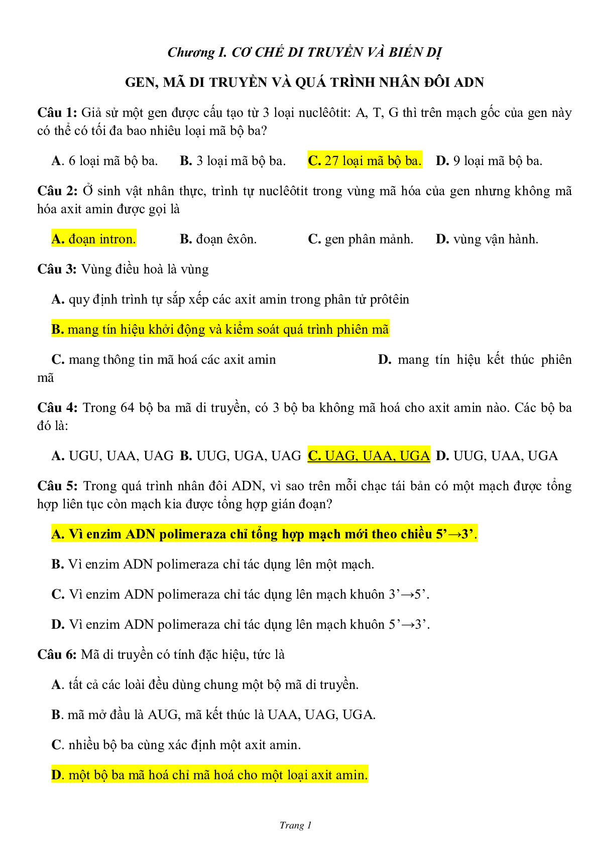 873 Bài tập trắc nghiệm Sinh học lớp 12 có đáp án 2023 (trang 1)