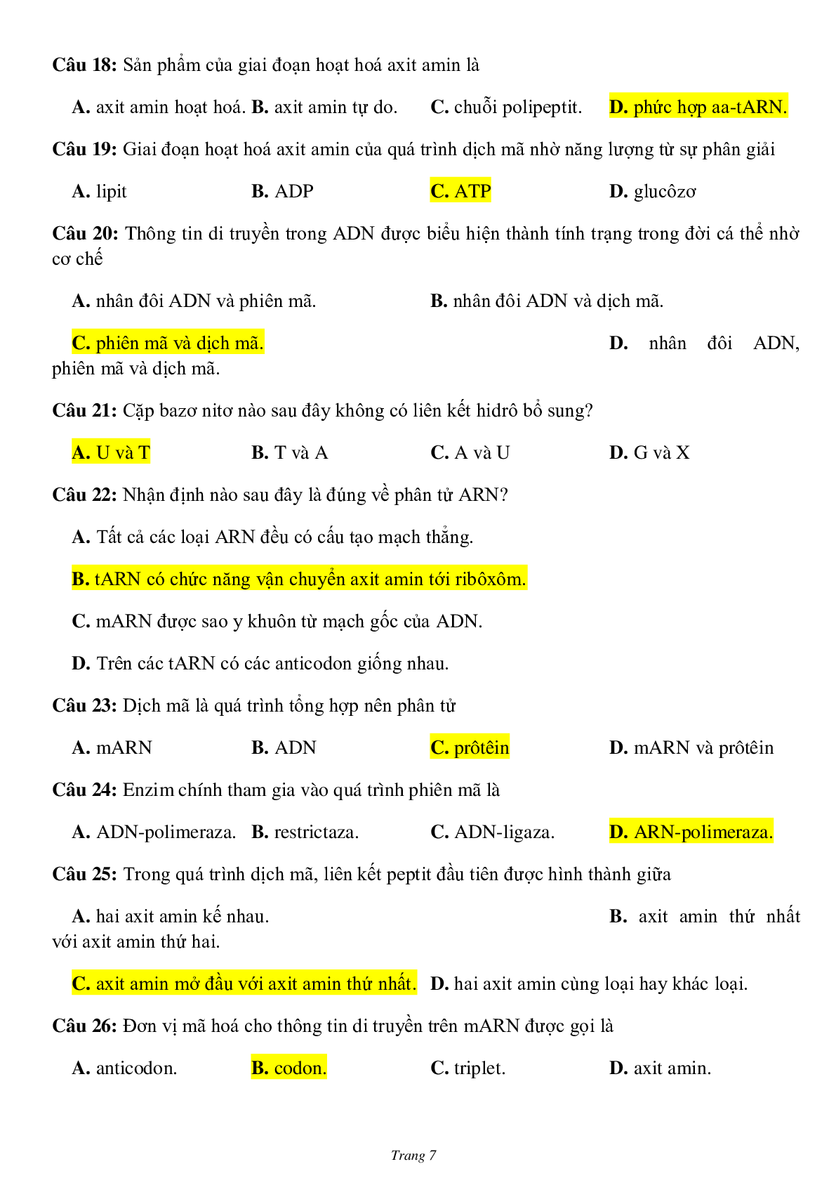 873 Bài tập trắc nghiệm Sinh học lớp 12 có đáp án 2023 (trang 7)