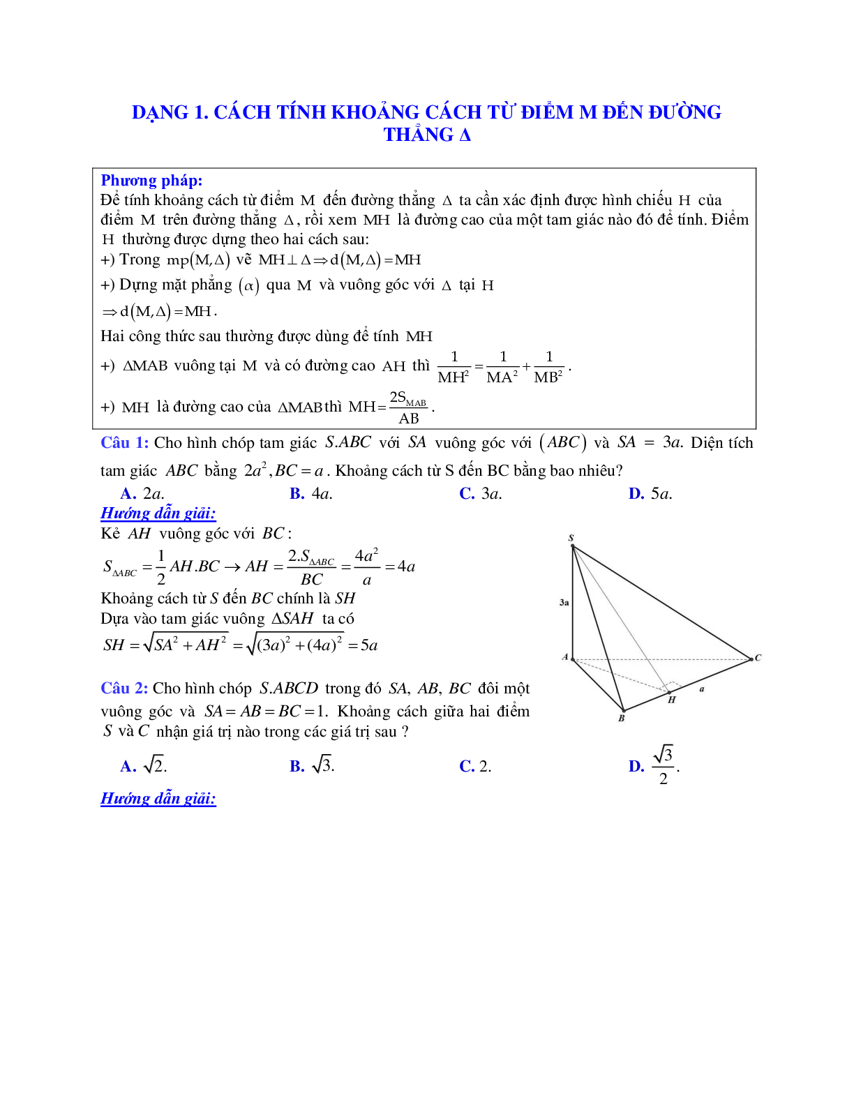 Phương pháp giải và bài tập về Cách tính khoảng cách từ điểm M đến đường thẳng Delta chọn lọc (trang 1)