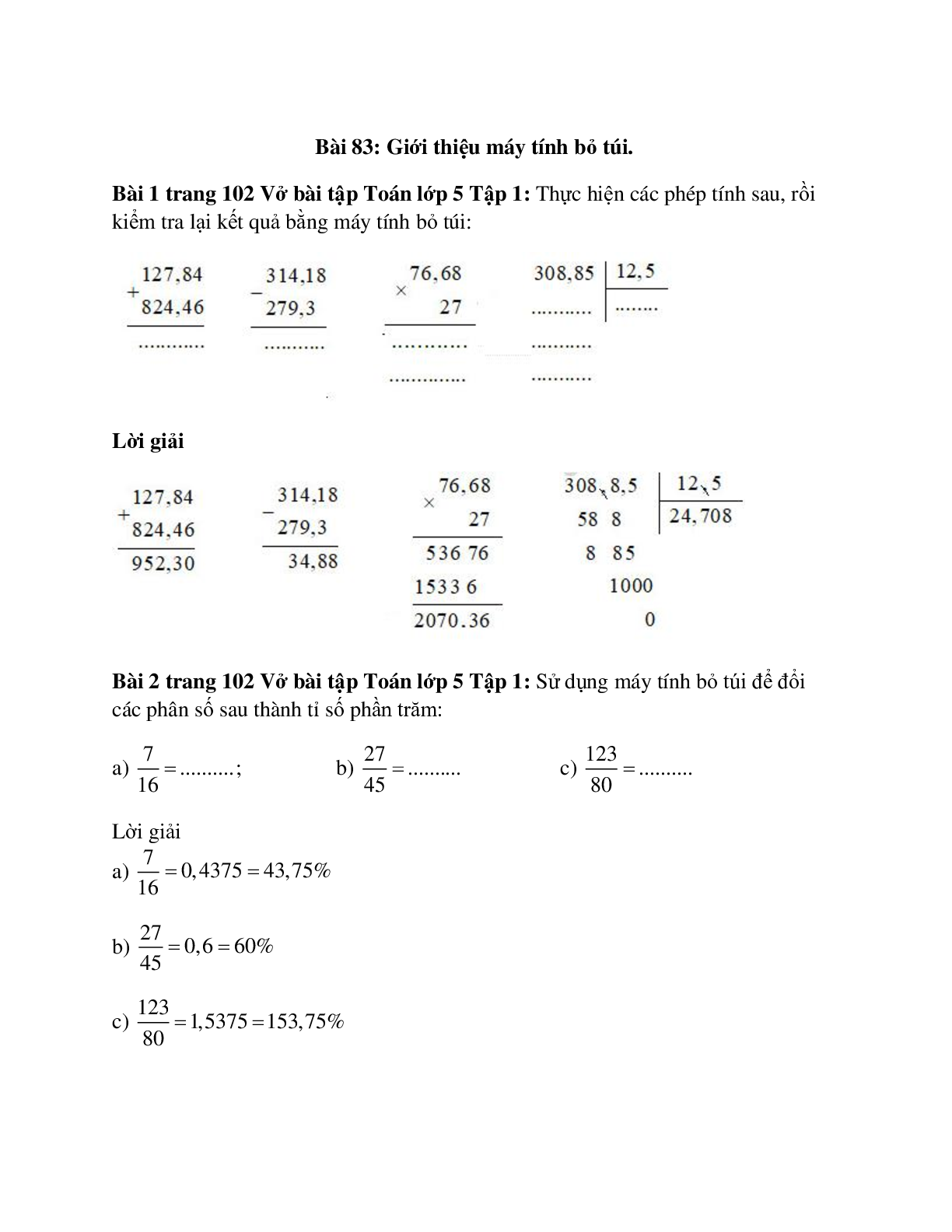 Vở bài tập Toán lớp 5 Tập 1 trang 102 Bài 83: Giới thiệu máy tính bỏ túi (trang 1)