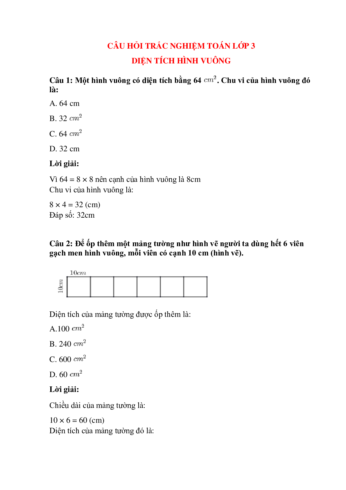 Trắc nghiệm Diện tích hình vuông có đáp án – Toán lớp 3 (trang 1)