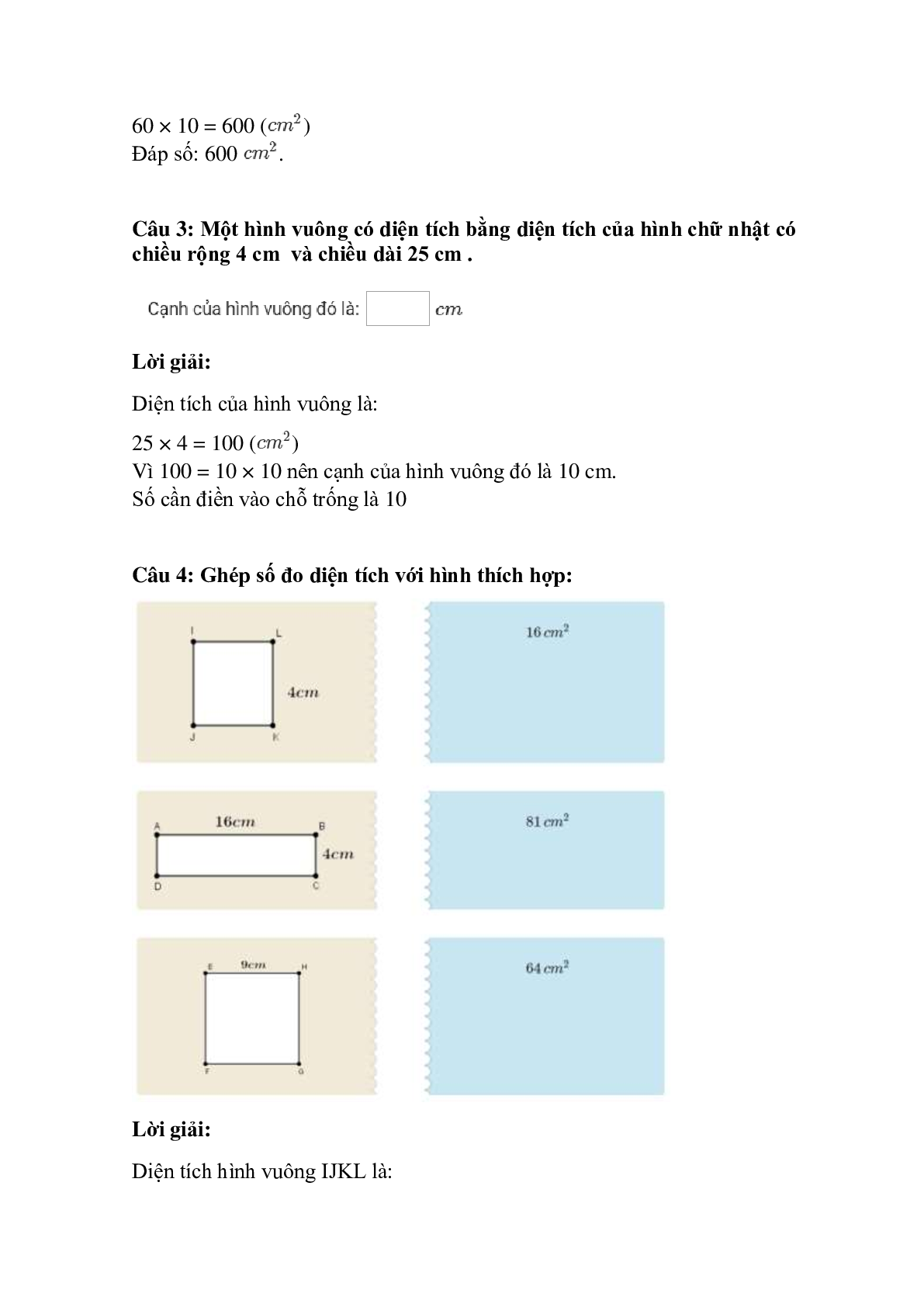 Trắc nghiệm Diện tích hình vuông có đáp án – Toán lớp 3 (trang 2)