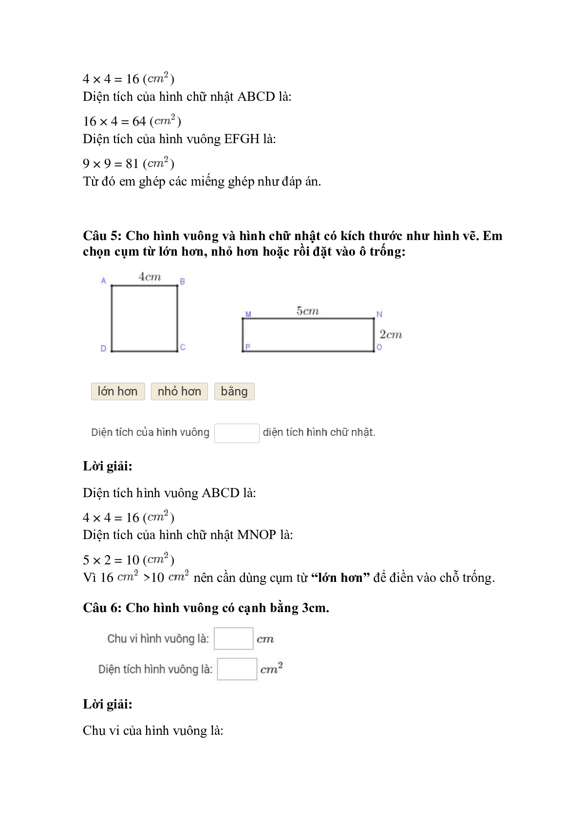 Trắc nghiệm Diện tích hình vuông có đáp án – Toán lớp 3 (trang 3)