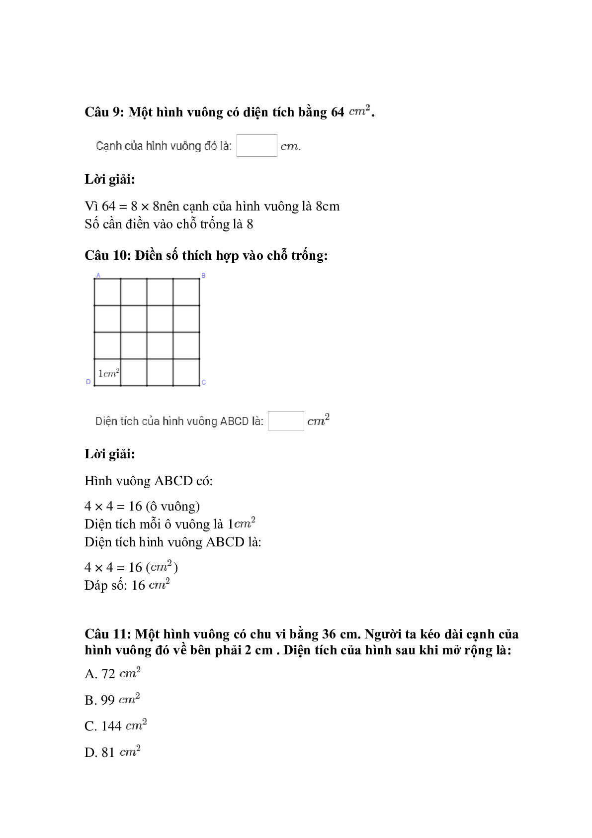 Trắc nghiệm Diện tích hình vuông có đáp án – Toán lớp 3 (trang 5)