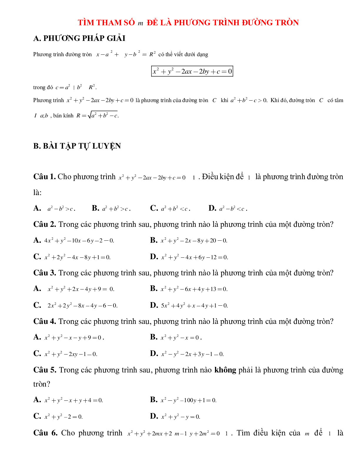 Bài tập về Tìm tham số m để thỏa mãn phương trình đường tròn chọn lọc (trang 1)